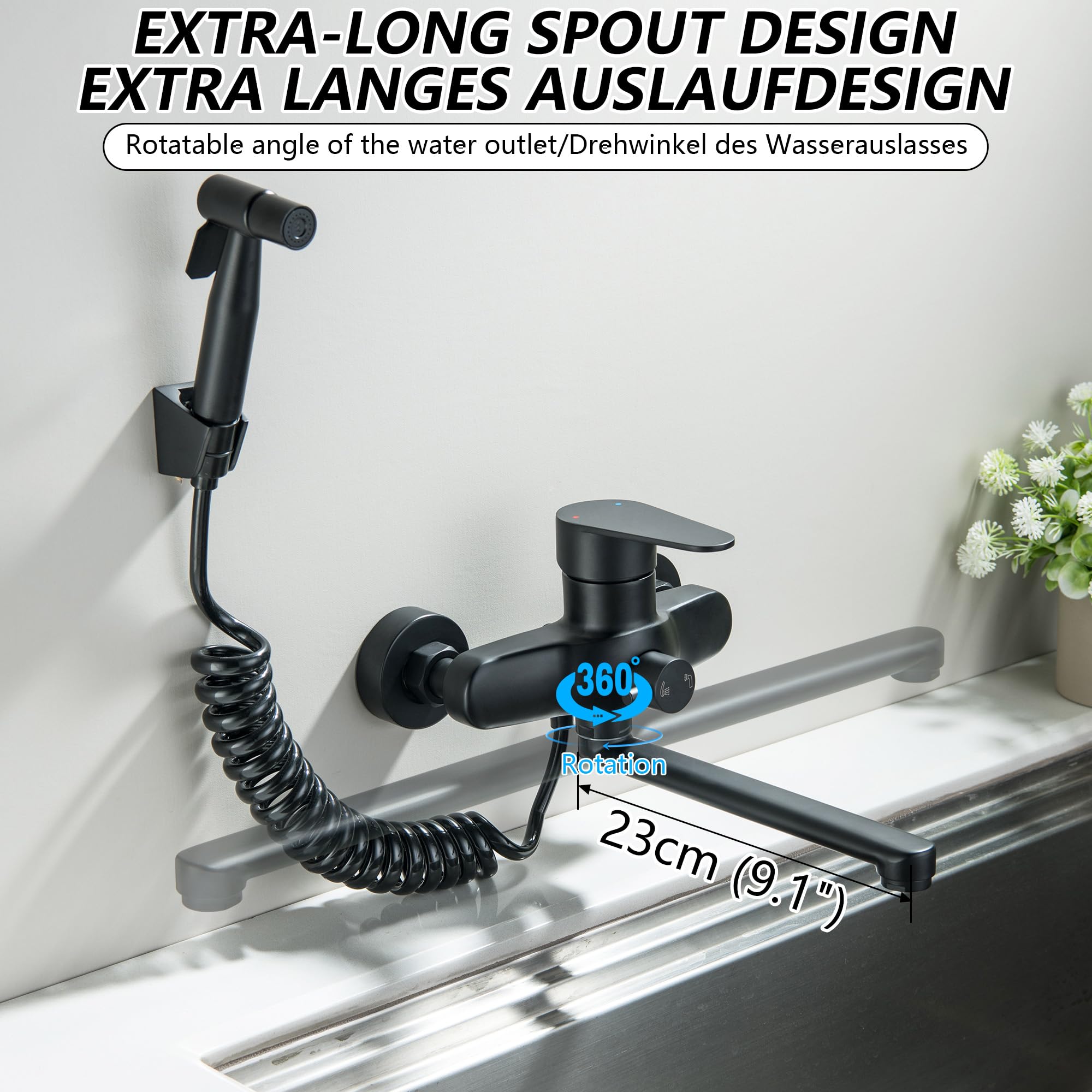 LIWEIKE Matt Schwarz Wasserhahn Küche Wandmontage mit 23cm und 360° Drehbare Auslauf Küchenarmatur Wandmontage mit Spritzpistole Wandarmaturen für Küche Edelstahl
