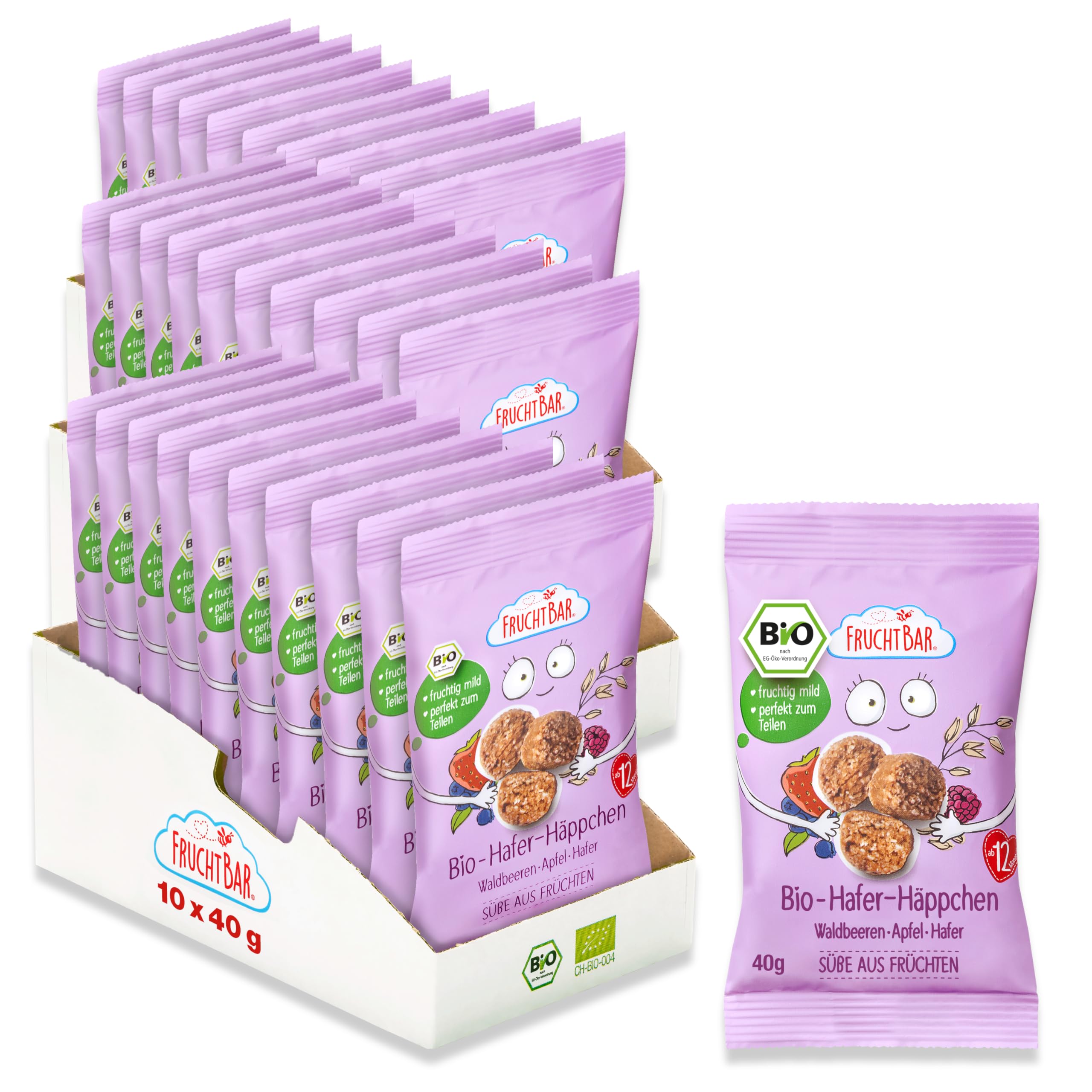 FruchtBar Bio Hafer Häppchen mit Waldbeeren, Apfel, Hafer, 30er Vorratsset, zuckerfreier Kinder-Snack, für Babys ab 12 Monaten & Kinder, 30x 40g