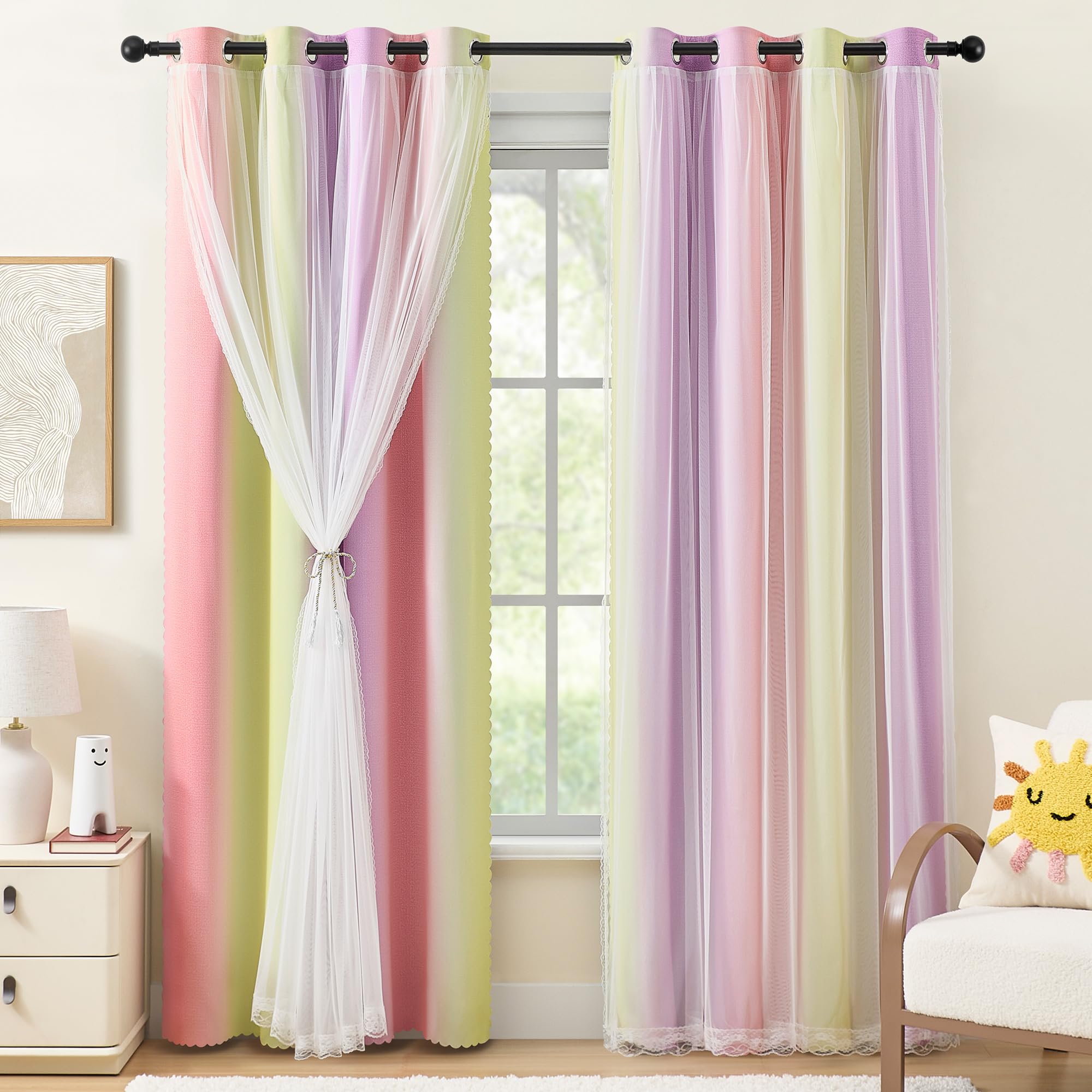 Amazon｜XiDi ピンク イエロー カーテン 長さ84インチ 2パネル 女の子