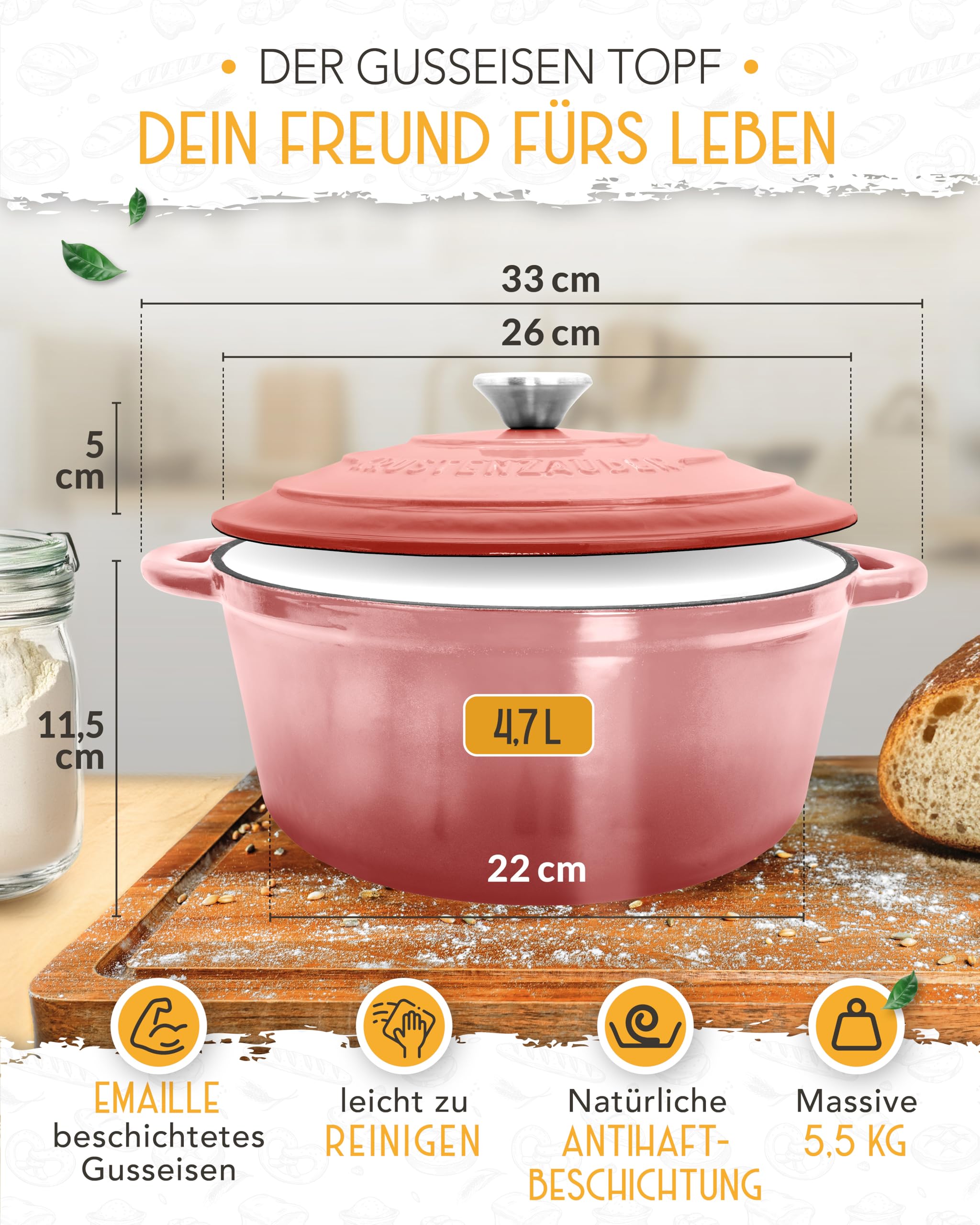Gusseisen Topf Brot Backen emailliert im XXL Set - Brotbackform mit Deckel inkl Gärkorb, Schneebesen, Bäckermesser, Teigschaber, Brotschlinge etc. Perfektes Brotbacktopf Set für Anfänger