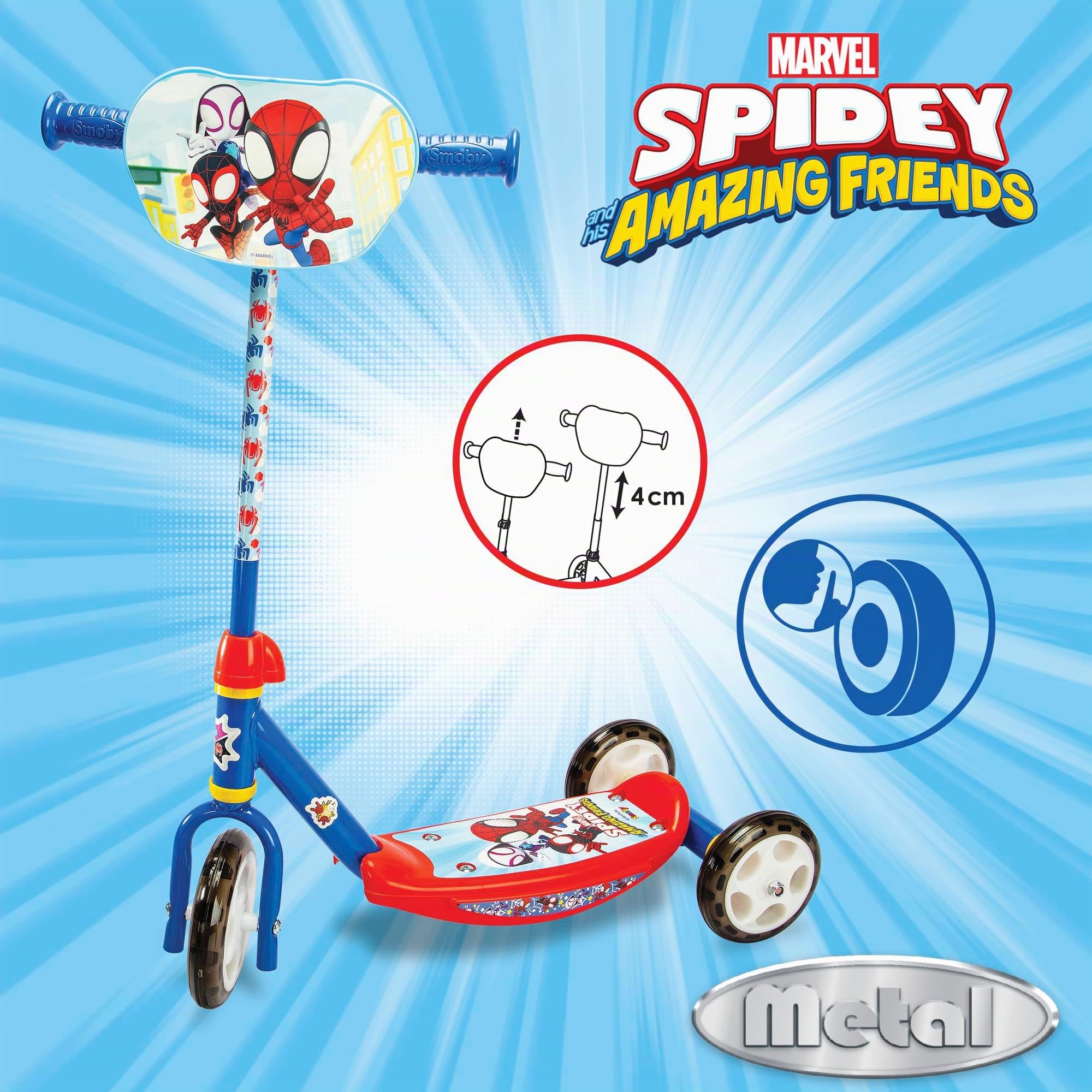 Smoby - Spidey - Patinete de 3 Ruedas - Estructura metálica - Manillar Ajustable - Reposapiés Antideslizante - A Partir de 3 años - Peso máximo 20 kg