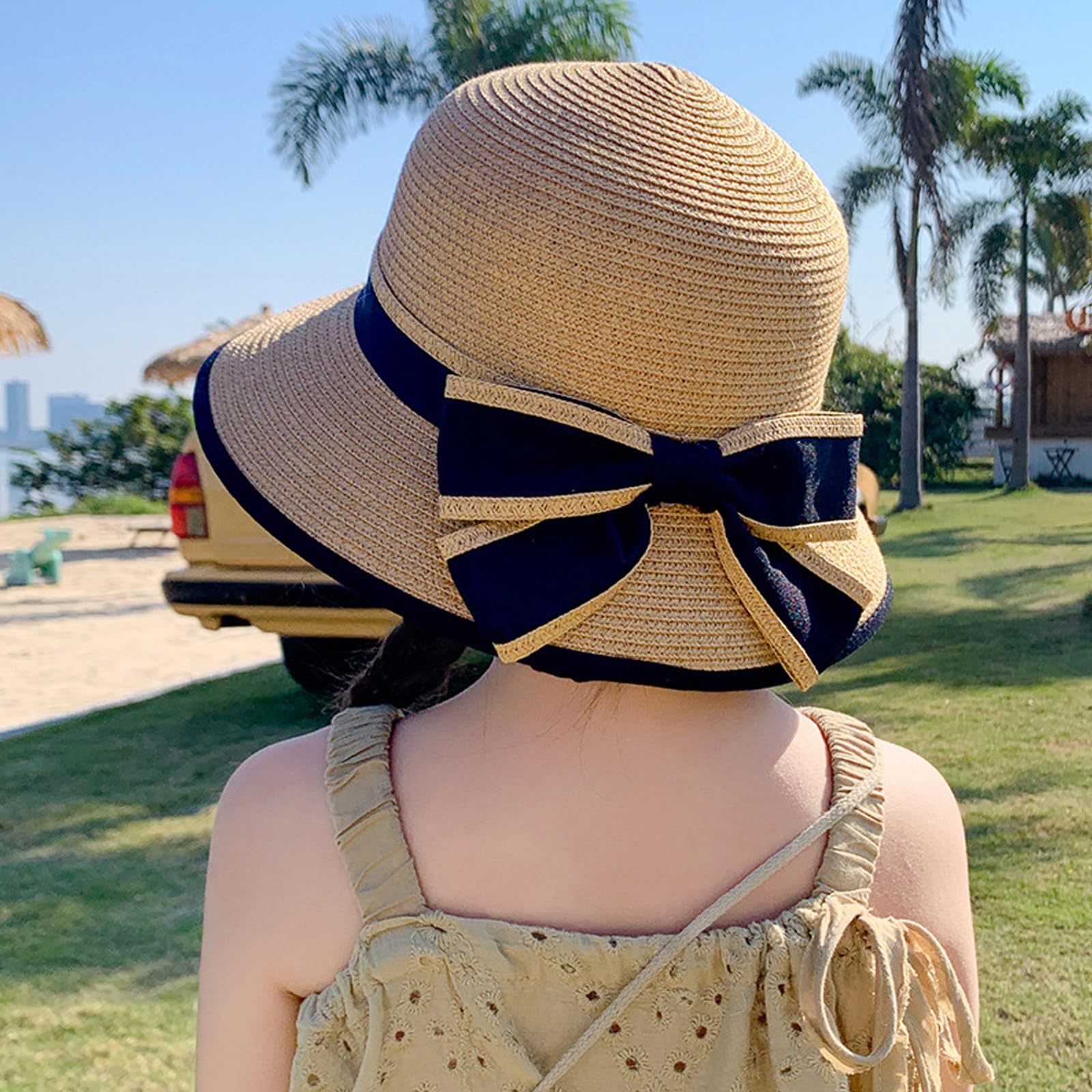 RUIXIA Chapeau de Paille pour Fille Large Bord avec Nœud Papillon Pliable d'été 3-8 Ans