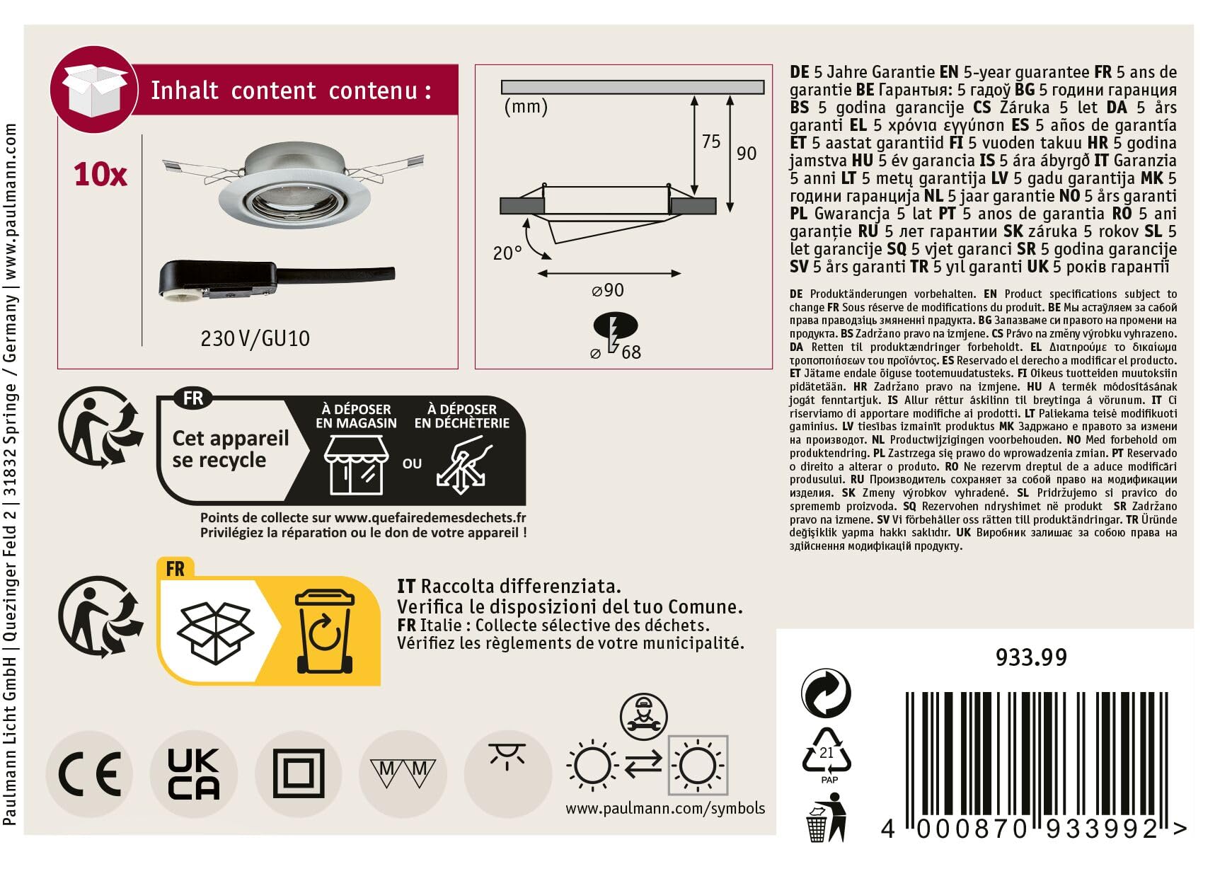 Paulmann 93399 Luminaria empotrable LED Base, redonda, orientable máx. 10x10 W, foco empotrable, acero mate, lámpara empotrable, metal, foco de techo, GU10