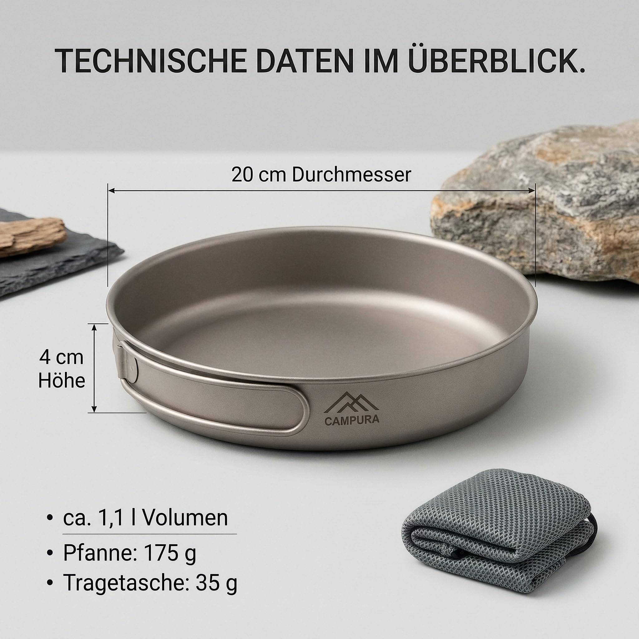 Titan Bratpfanne 20cm mit Klappgriff und Transportbeutel - 175g Ultraleichtes Campingkochgeschirr aus Titan für Outdoor, Trekking und Bushcraft - Kompakte Pfanne für Outdoor