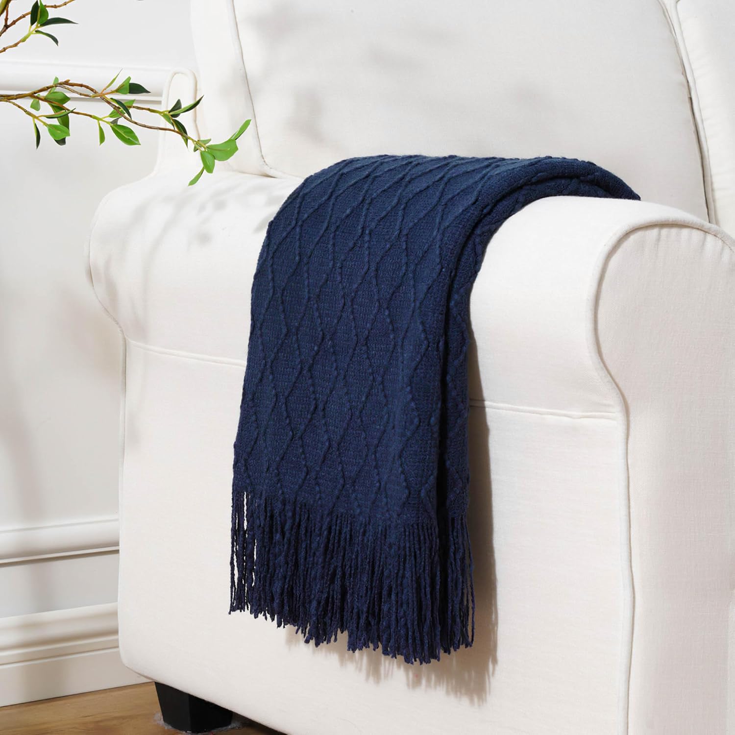 BATTILO HOME Navy Throw Blankets for Couch, Navy Blue Lightweight Decorative Blankets and Throws, Boho Warm Knit Blanket for Men and Women, 50"x60" - Image 5