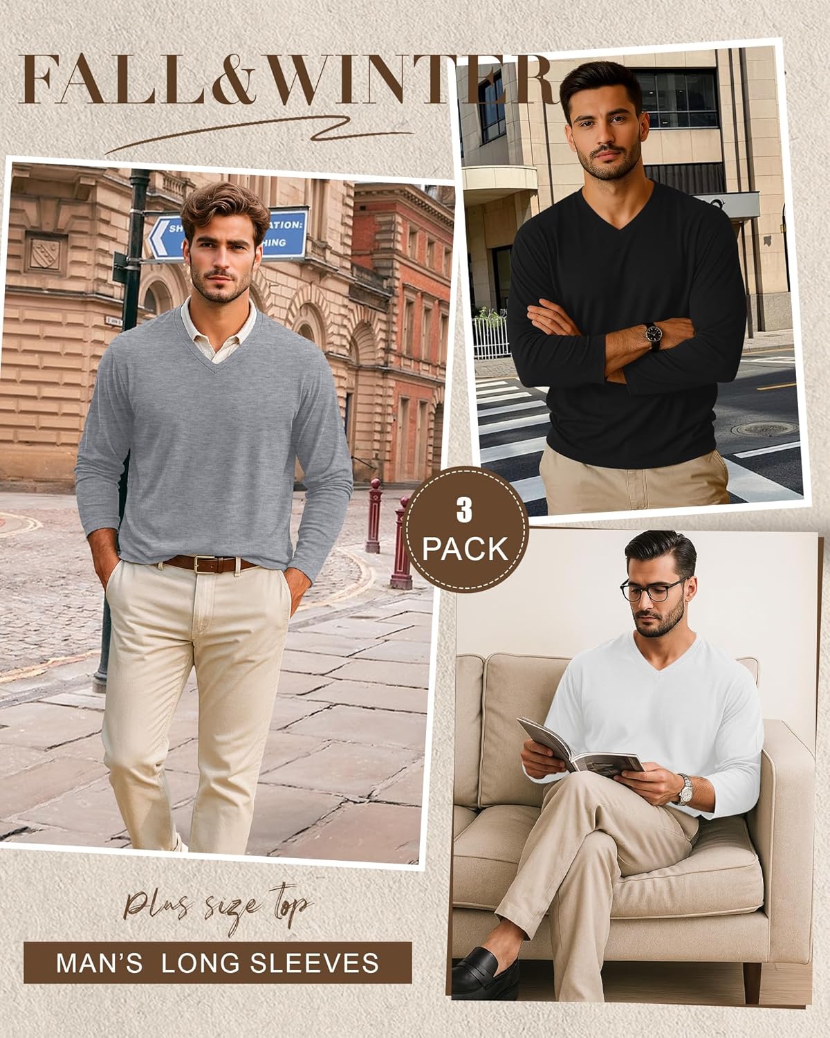 3 Pack Men's Big and Tall Shirts Thermal Fleece Lined Long Sleeve Tops V Neck Sweatshirts Base Layer Tees Winter - Image 4