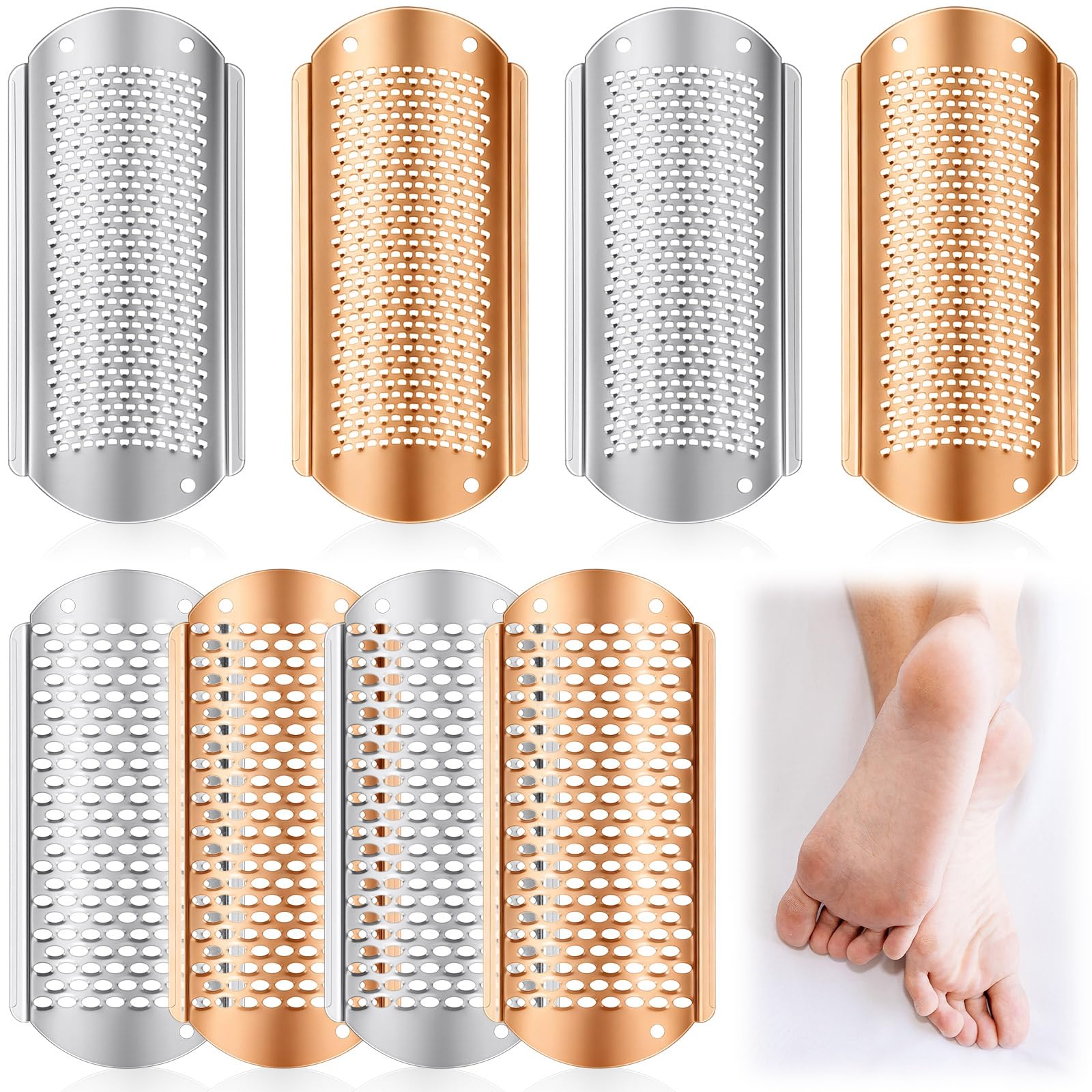 Moxweyeni 8 Pack Rose Gold,Silver Foot File Callus Remover Replacement Blades Metal Pedicure Rasp Hard Skin Remove Scrubber Stainless Steel 2 Designs Big/fine Hole for Detachable Foot Grater