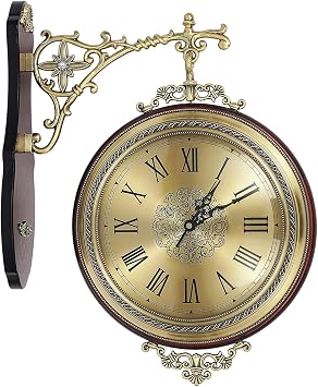 Large Vintage Double Sided Wall Clock, Silent Non-Ticking Wall-Mounted Clocks, 360 Rotating Metal European Style Digital Hanging Clocks for Indoor Outdoor Office Living Room Porch Decor