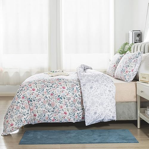 Miniatura 4 de HoneiLife Funda de edredón de algodón tamaño Queen  Funda de edredón floral de 3 piezas, suave y transpirable con cierre de cremallera y lazos en