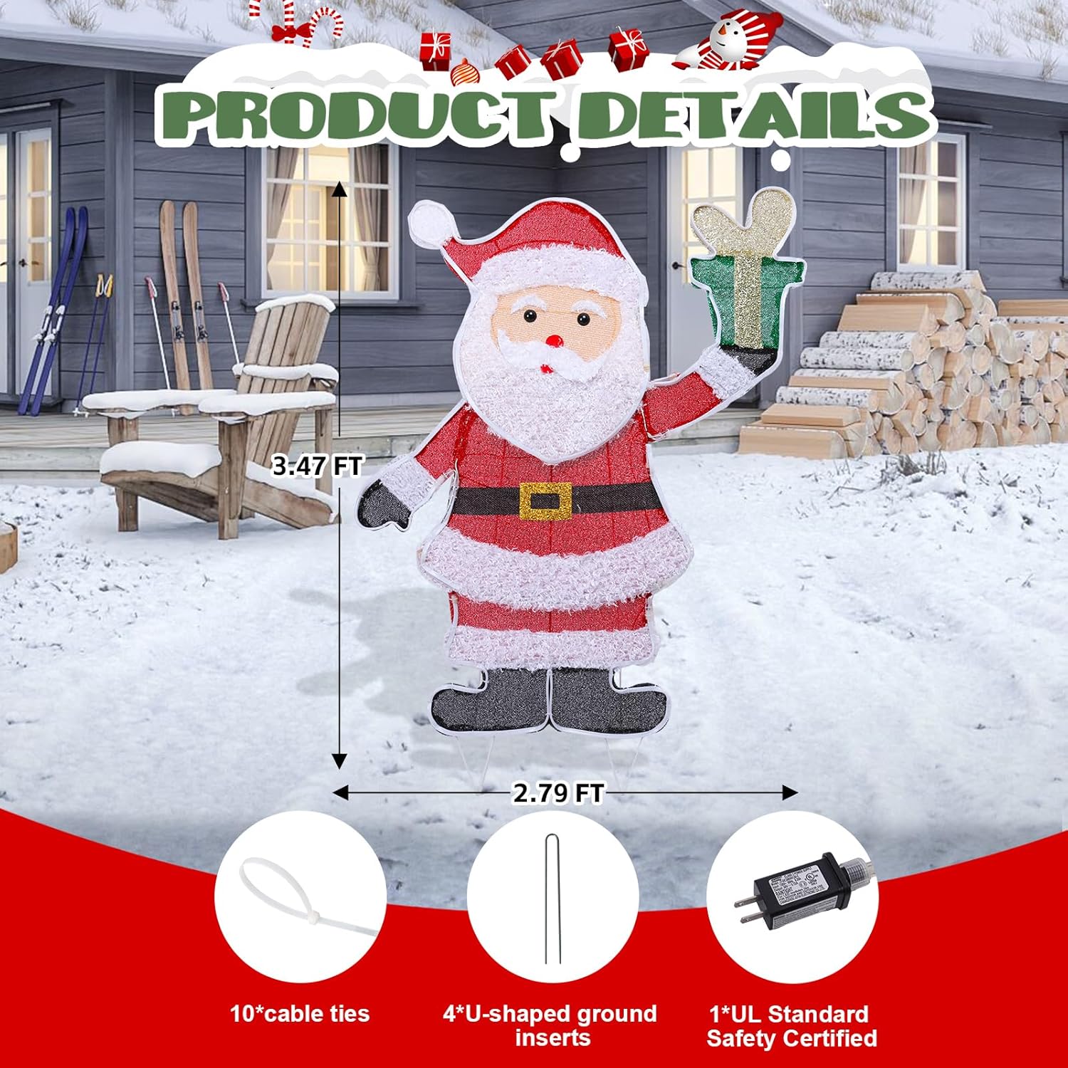 MUMTOP Santa Claus Lighted Christmas Decorations, 3.5FT White Neon Light Sign Animated Xmas Outdoor Decoration, Light Up Tinsel Santa with Gift Displays for Holiday Indoor Party Home Yard Decor Gift