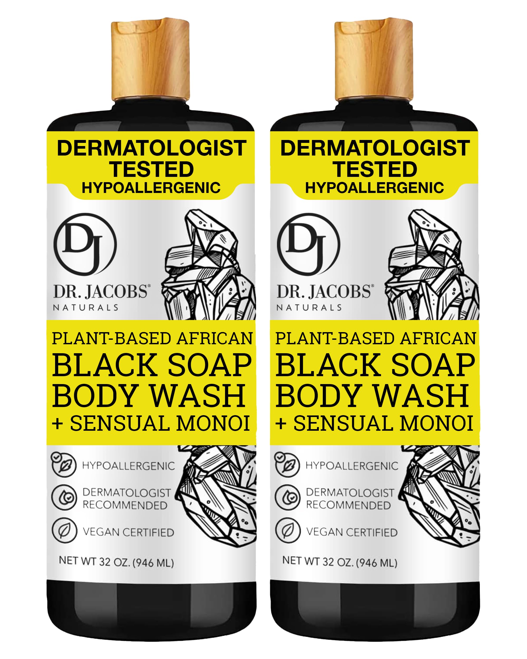 Dr Jacobs Naturals Authentic African Black Liquid Soap with Sensual Monoi Scent | All-In-One Face Wash, Sensitive Skin Body Wash, Shampoo, Shaving