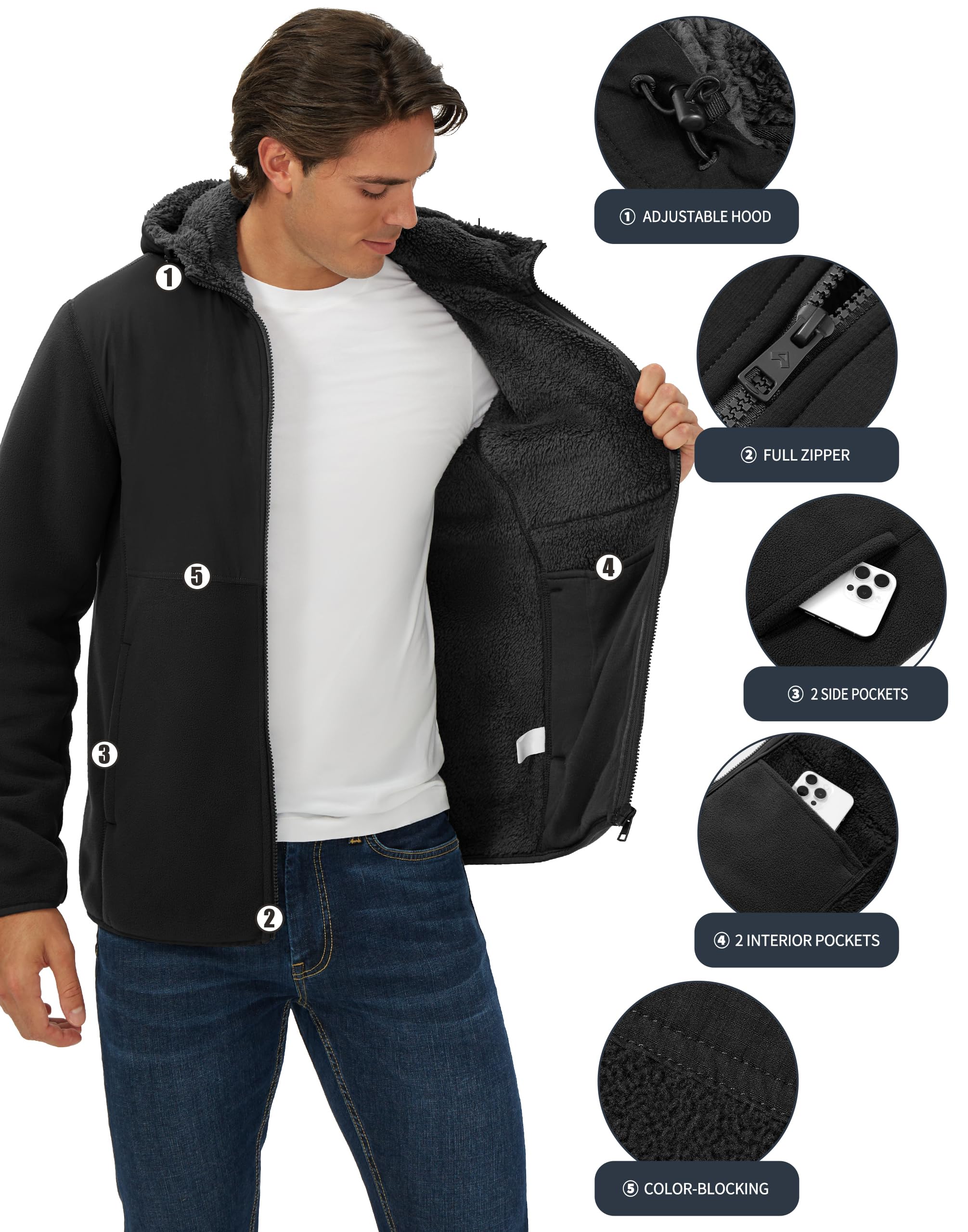 Pioneer Camp Veste d'hiver pour homme avec polaire Sherpa - Sweat à capuche chaud - Coupe-vent - Veste mi-saison pour homme - Idéale pour l'extérieur et le quotidien