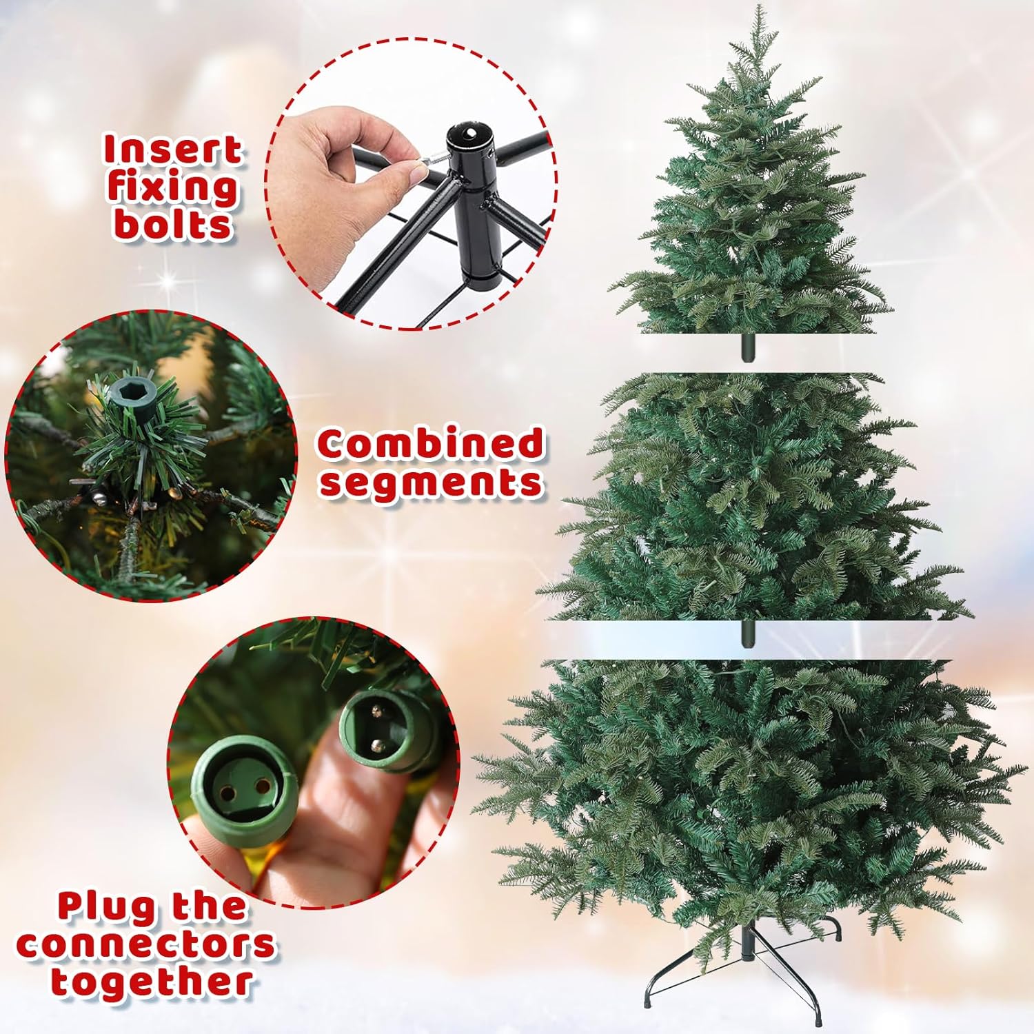 Pre-lit Artificial Christmas Tree 6Ft, Luxury Full Xmas Tree with 300 LED Lights, 1000 PE&PVC Branch Tips, Switchable Warm White or Colorful with Remote Control, 9 Modes, Metal Stand