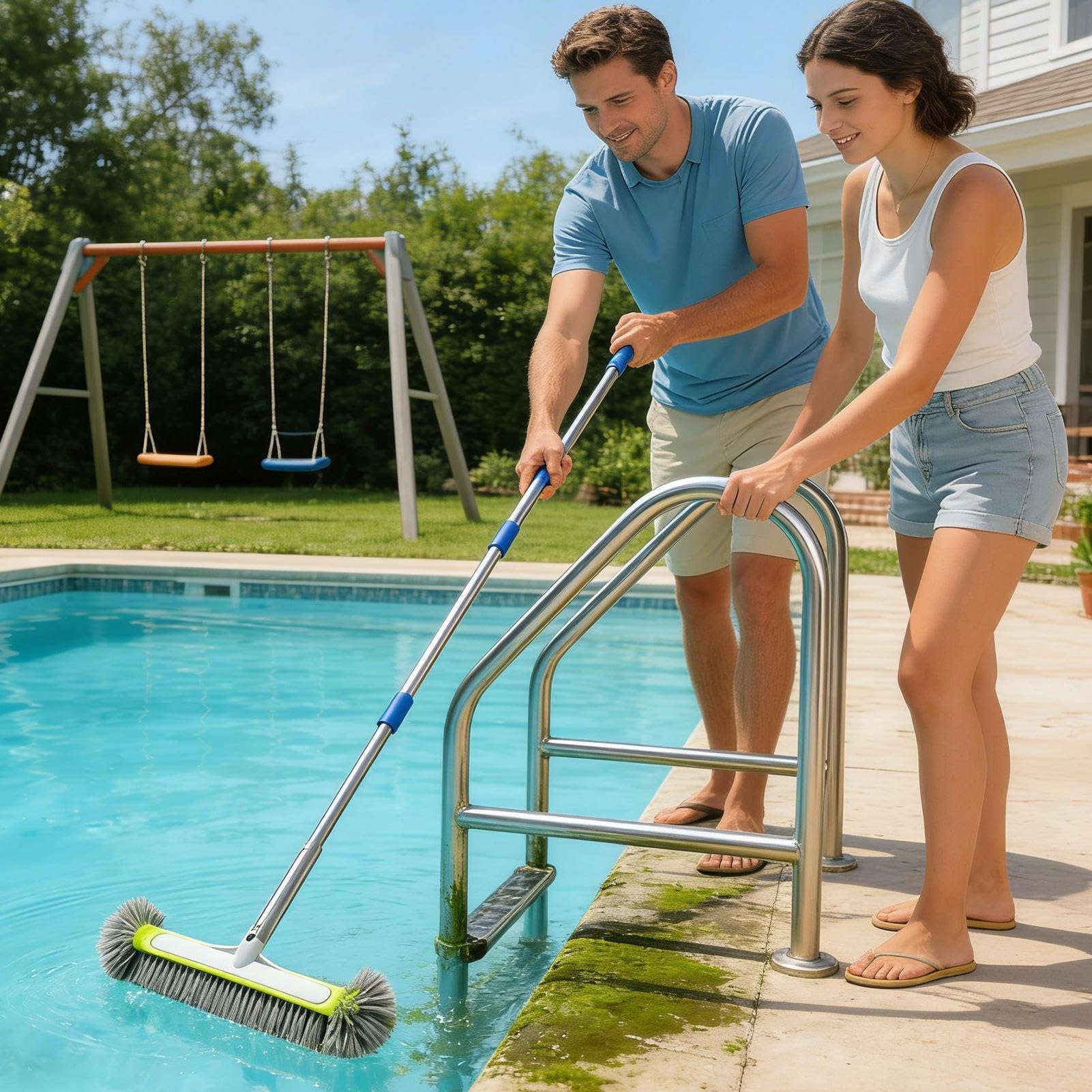 Spazzola pulisci piscina con pulitore ad asta rimovibile | Spazzola per piscine con manico rimovibile per Pareti, Piastrelle, Pavimento, Spa, Vasca Idromassaggio, Bagno, Cucina,