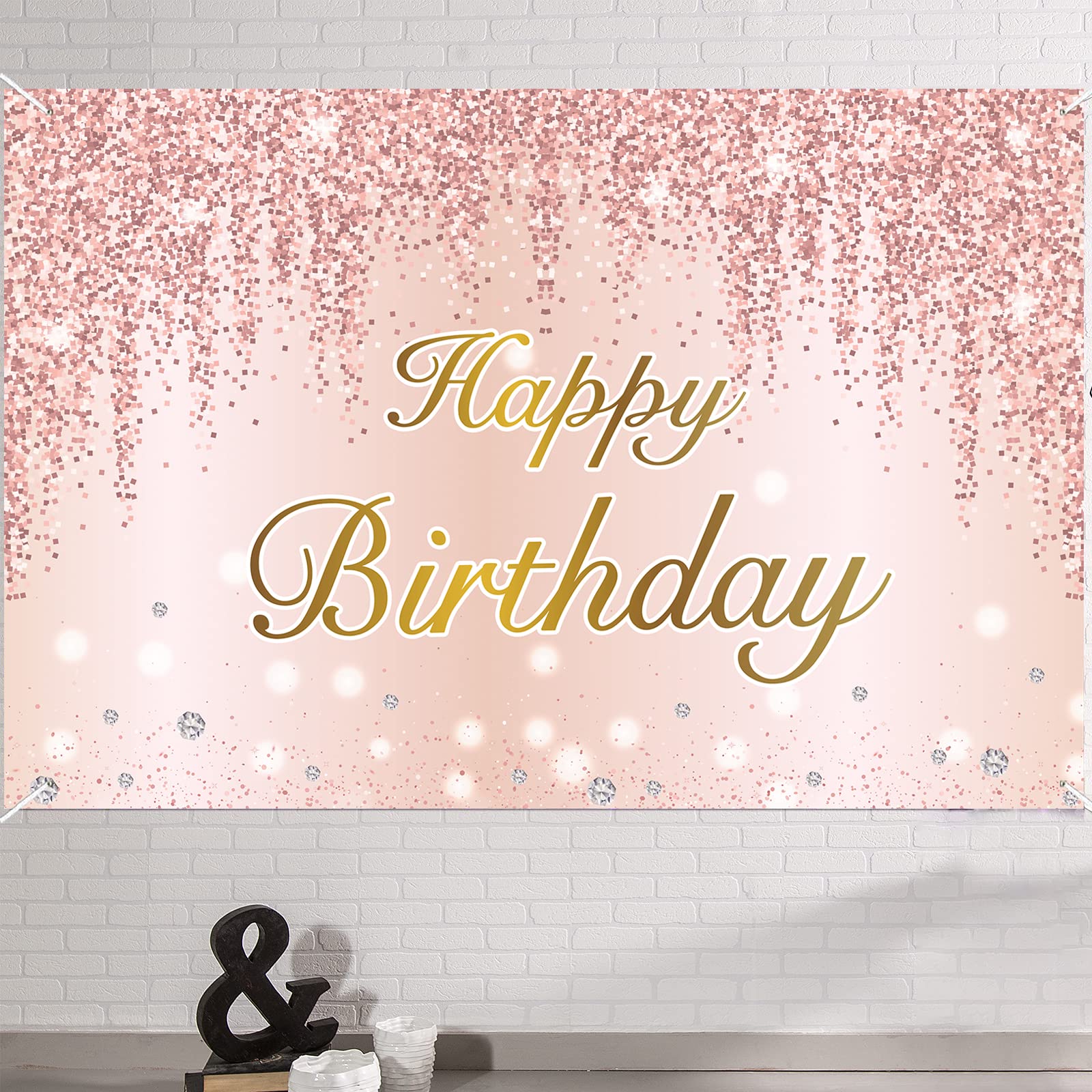 4 x 6ft Happy Birthday Party Decorations Banner Rose Gold Sign - Happy Anniversary Photo Booth Pink Backdrop Party Supplies for Women and Men