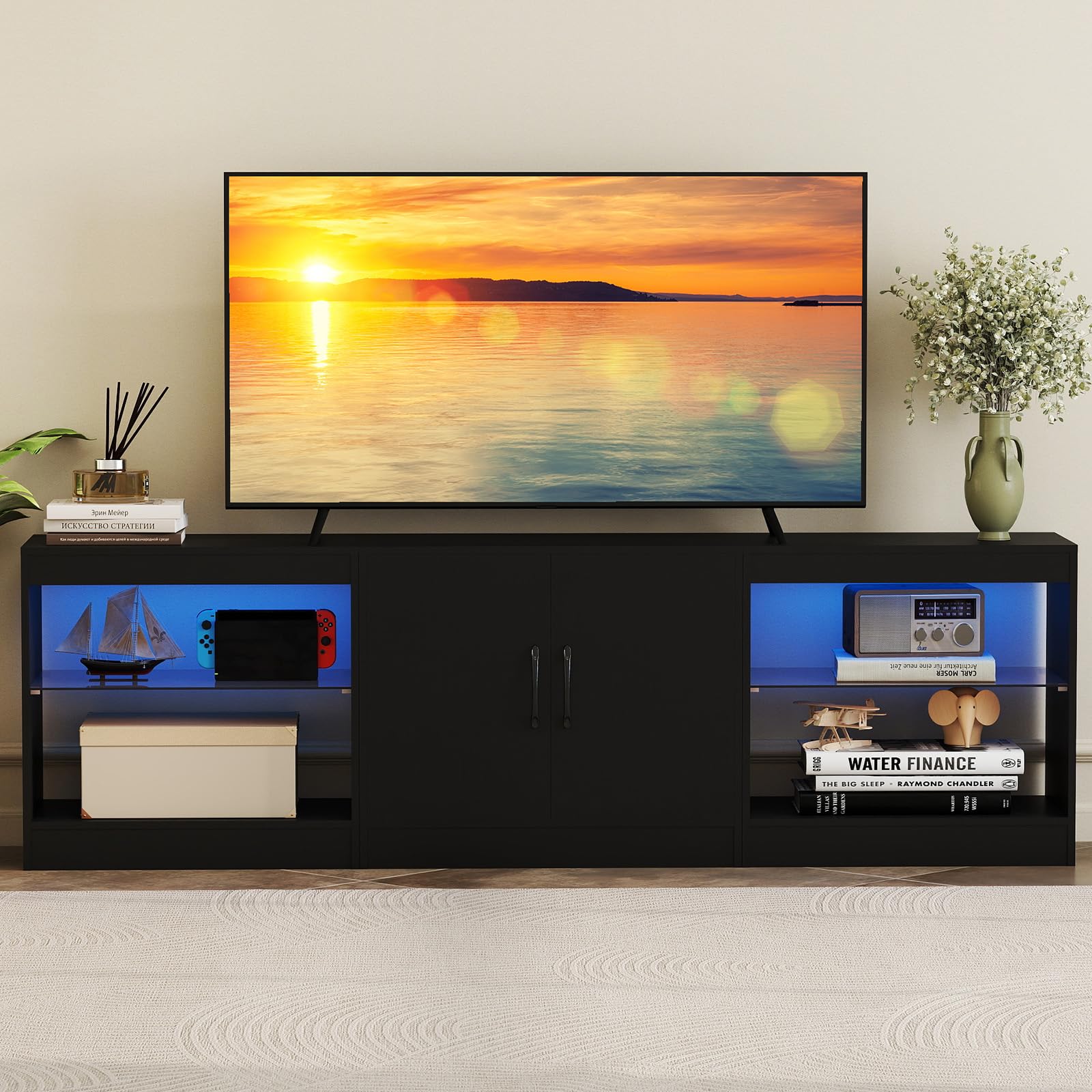 COSTWAY 3- in-1 TV-Schrank, Fernsehtisch für Fernseher bis zu 85 Zoll, 195 cm lang Lowboard mit LED Beleuchtung & verstellbaren Glasregalen für Wohnzimmer, Schlafzimmer, Esszimmer (Schwarz)