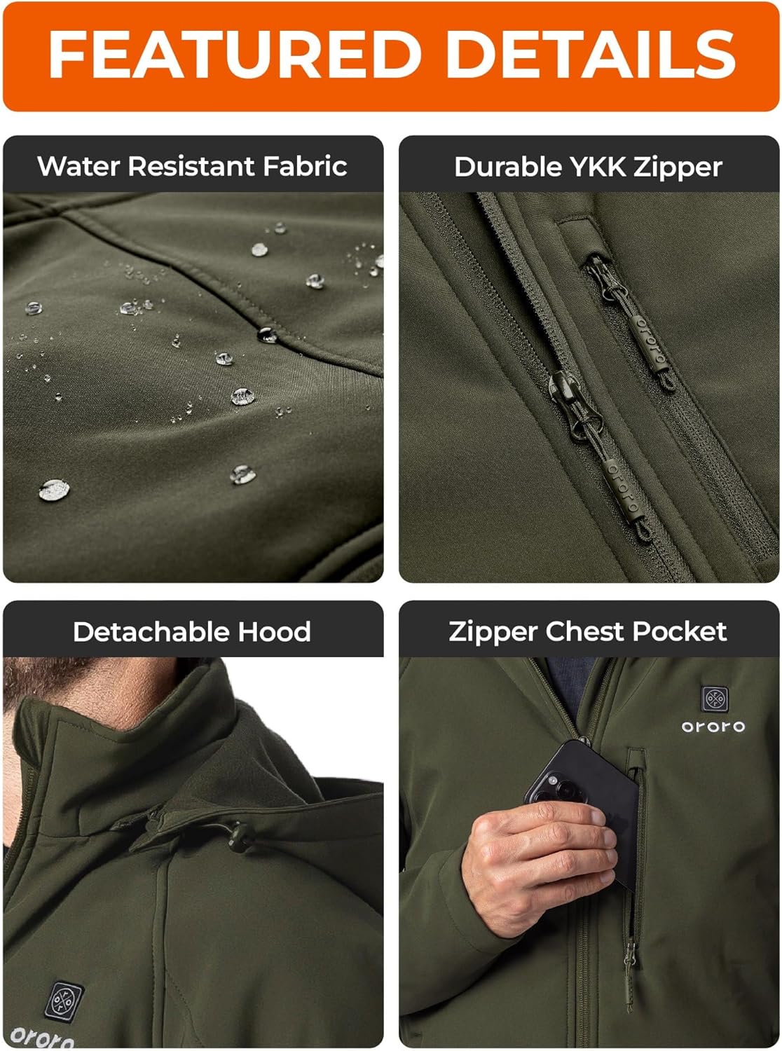 ORORO Men's 4 Heat-Zone Heated Jacket with USB-C Rechargeable Battery, Soft Shell Heated Jacket with Detachable Hood - Image 6