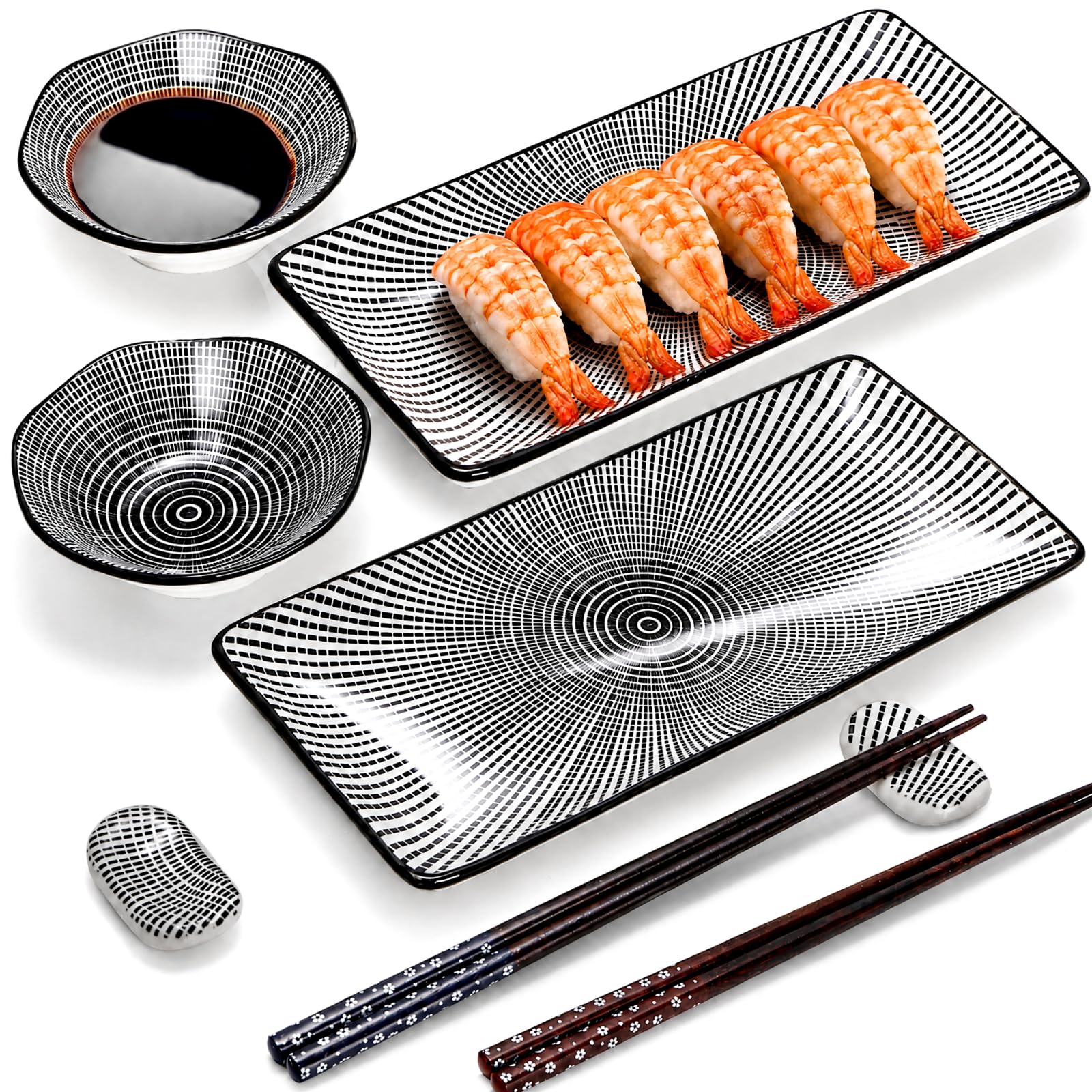 Pumtus Juego de 8 platos de sushi, juego de servir de sushi de cerámica para 2, vajilla japonesa de sushi para inauguración de la casa de boda, incluye 2 platos para servir, 2 cuencos de salsa, 2