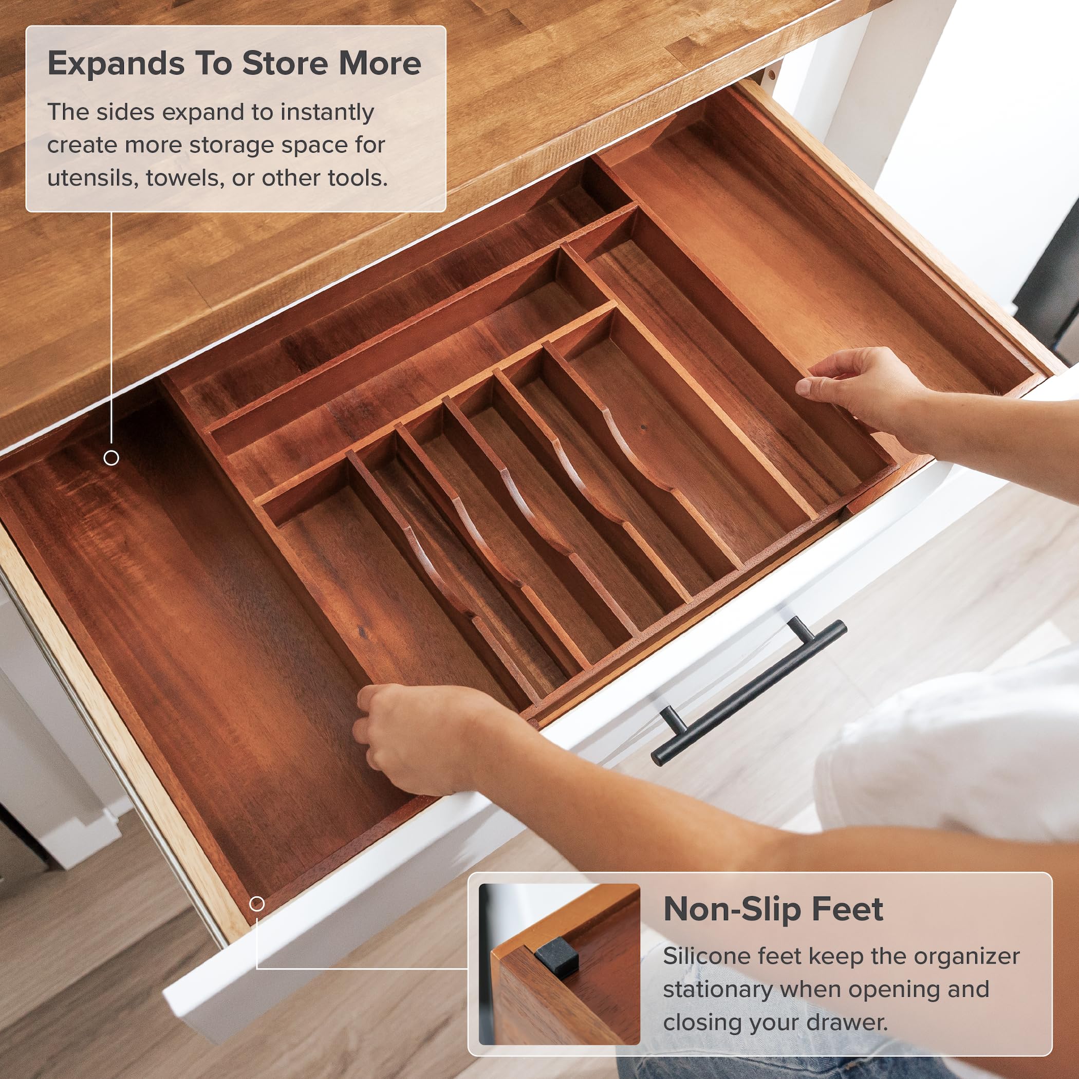 KitchenEdge Organizer Per Cassetti Cucina Stretti In Bambù Nero – Espandibile Da 26,8 A 48,9 Cm – 9 Scomparti Per Posate E Utensili – Finitura Alimentare