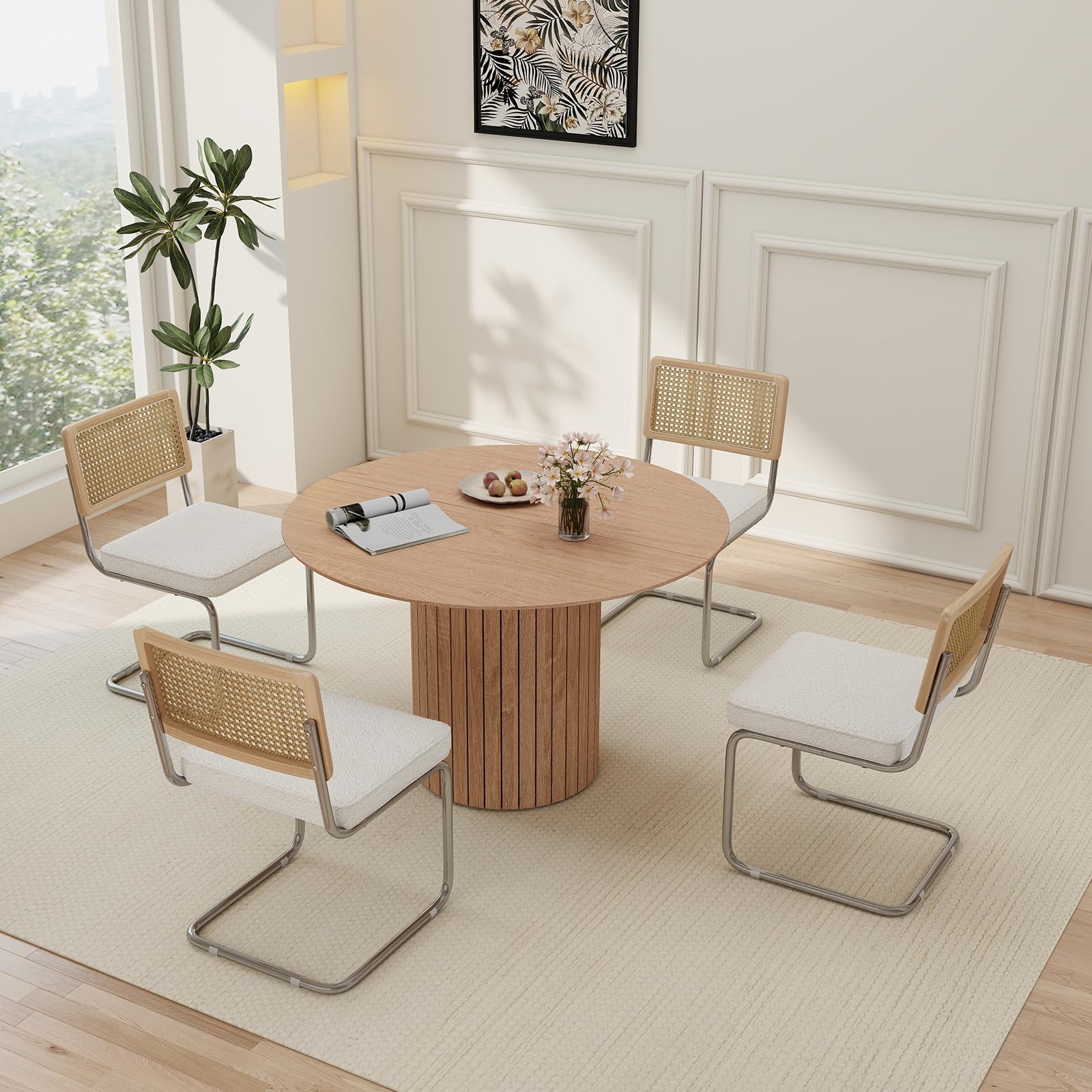 GrandCA HOME Set di 4 Sedie da Pranzo con Schienale in Canna Naturale e Base in Acciaio Cromato, Sedie da Cucina Imbottite in Rattan,Bianco
