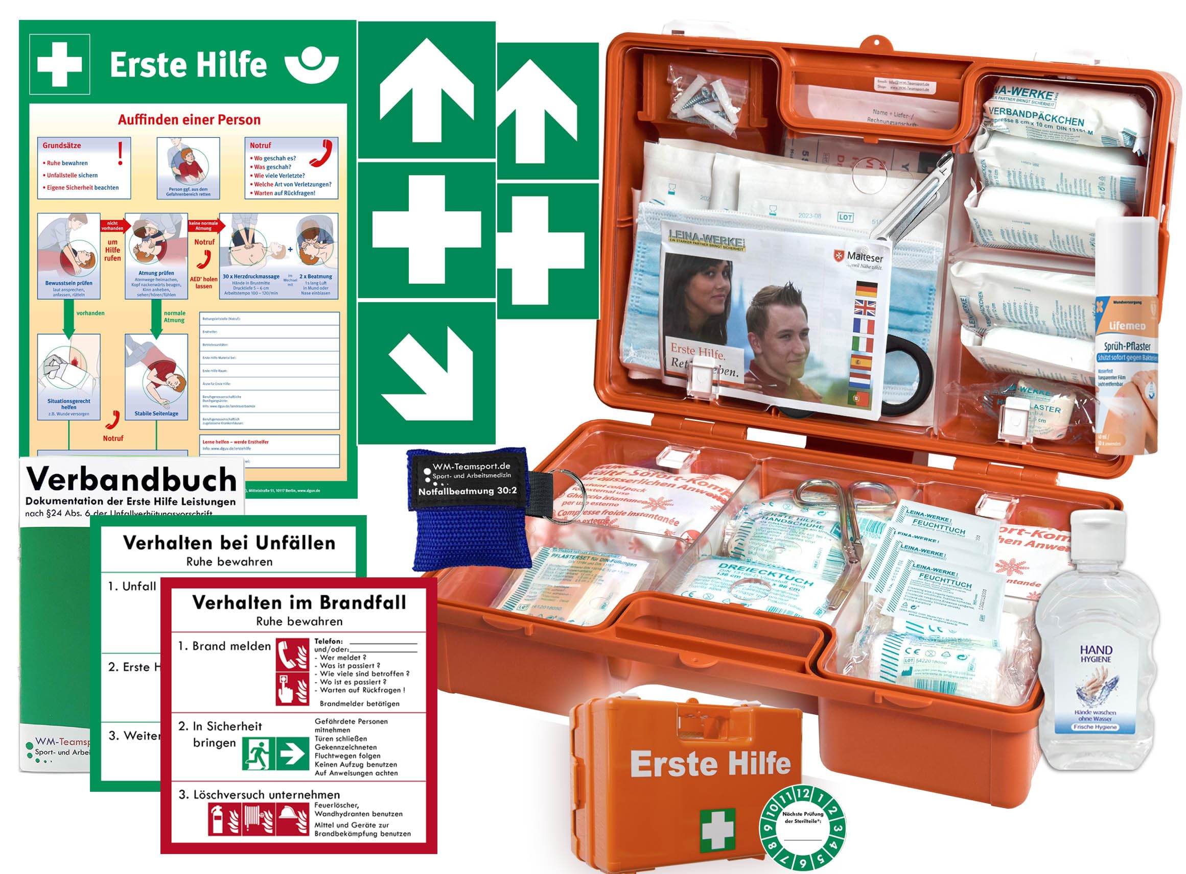 Erste-Hilfe-Koffer M5 PLUS für Betriebe nach aktueller DIN/EN 13157 & DIN/EN 13164 für KFZ - Komplett-Paket inkl. Notfallbeatmungshilfe + Hygiene-Gel + Verbandbuch + Aushang + Sprühpflaster