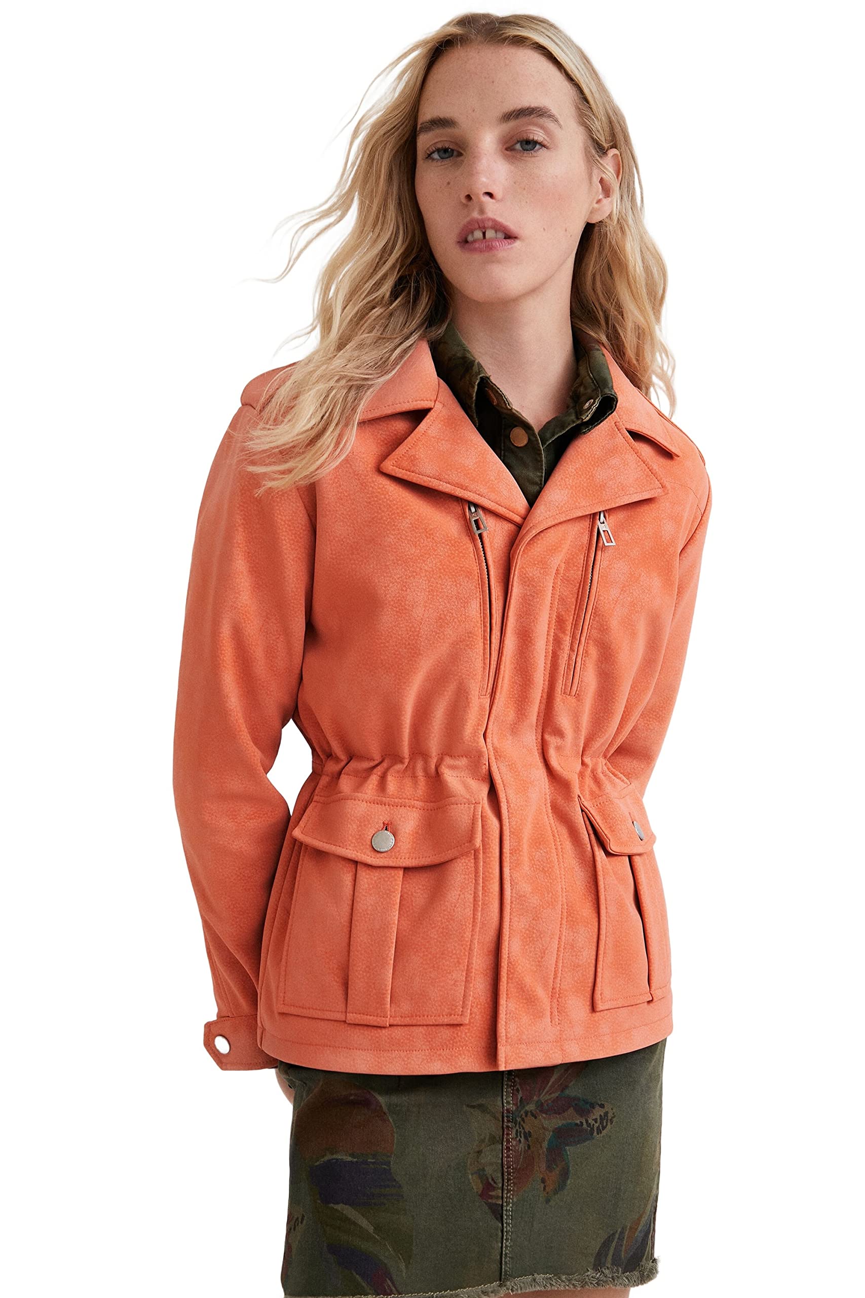 Desigual Womens Coat Kunstlederjacke, Orange, M