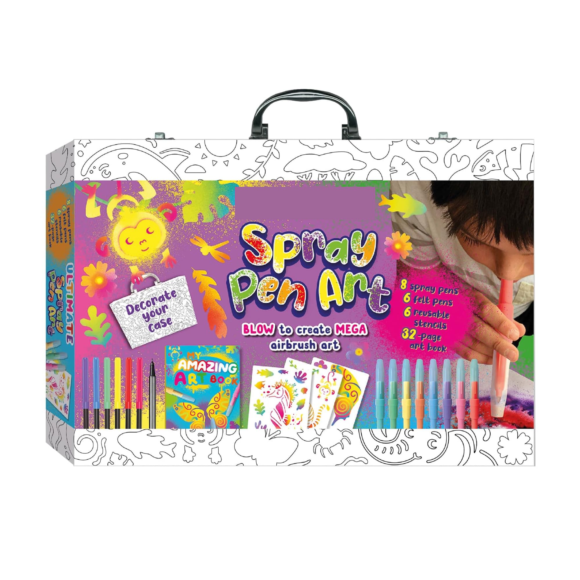 JYZ Ultimate Spray Pen Art Kit, 8 Spray Pens, 6 Felt Pens, 6 Reusable Stencils, 32-Page Art Book, Complete Creative Set for Artists, Creative Art kit for Teens and Adults