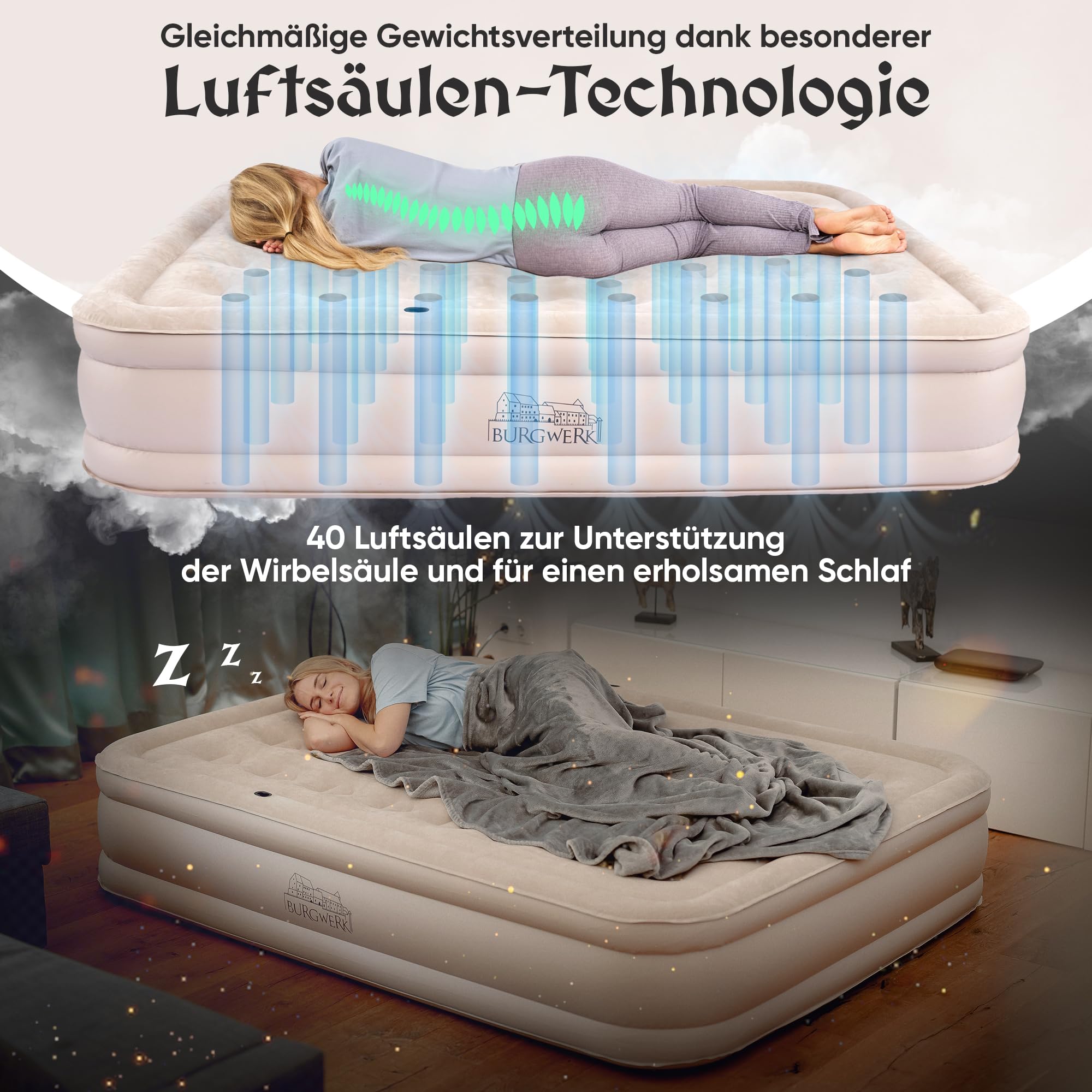 Burgwerk Luftbett für 2 Personen | Edles Gästebett & Campingbett | Aufblasbare Matratze mit Elektropumpe 150x200 | Selbstaufblasende Luftmatratze