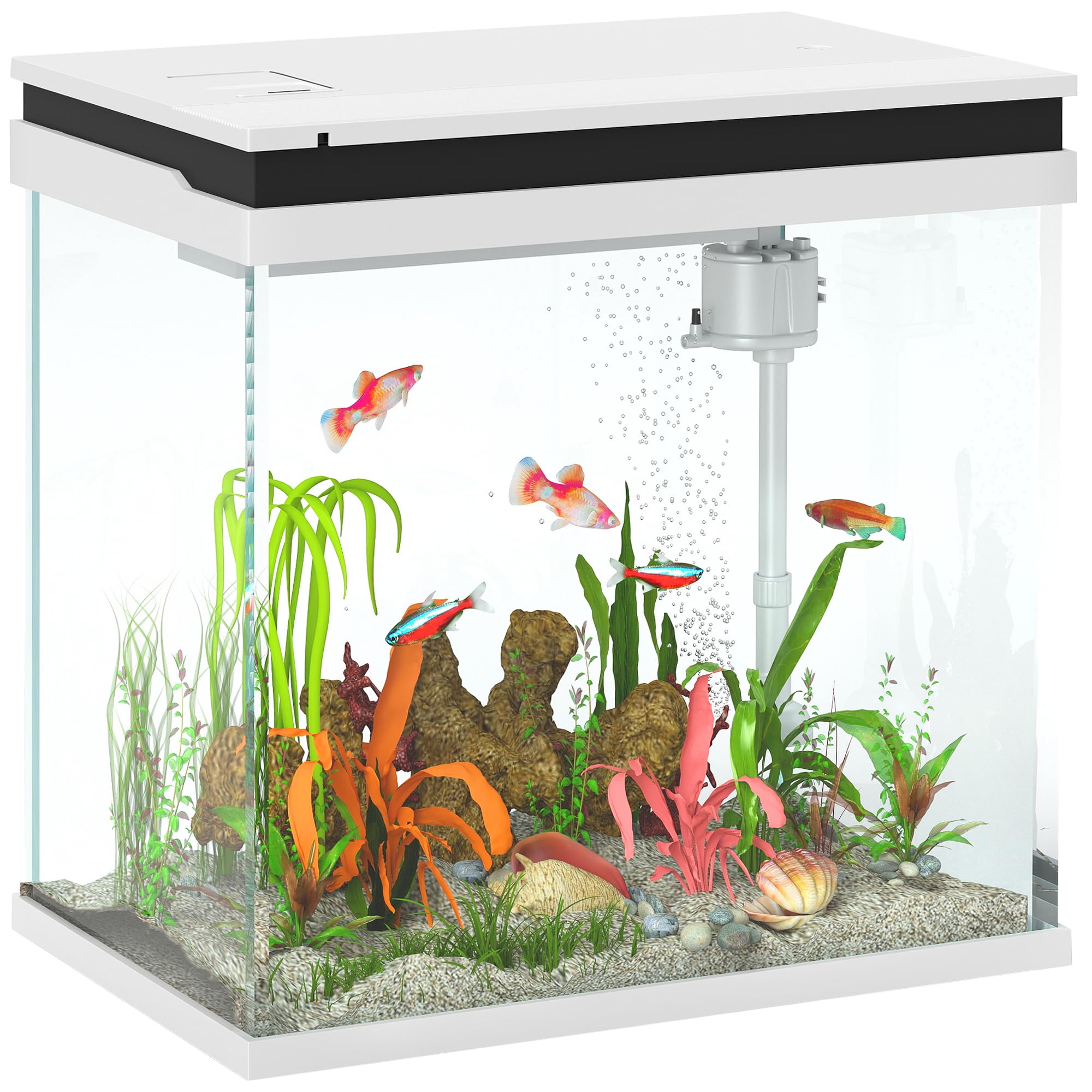 PawHut 26L Acquario in Vetro per Pesci Rossi con Pompa d'Acqua e Filtro, Acquario Completo con Illuminazione LED, Vaschetta per Pesci Acqua Tropicali, 38x26x38cm, Bianco