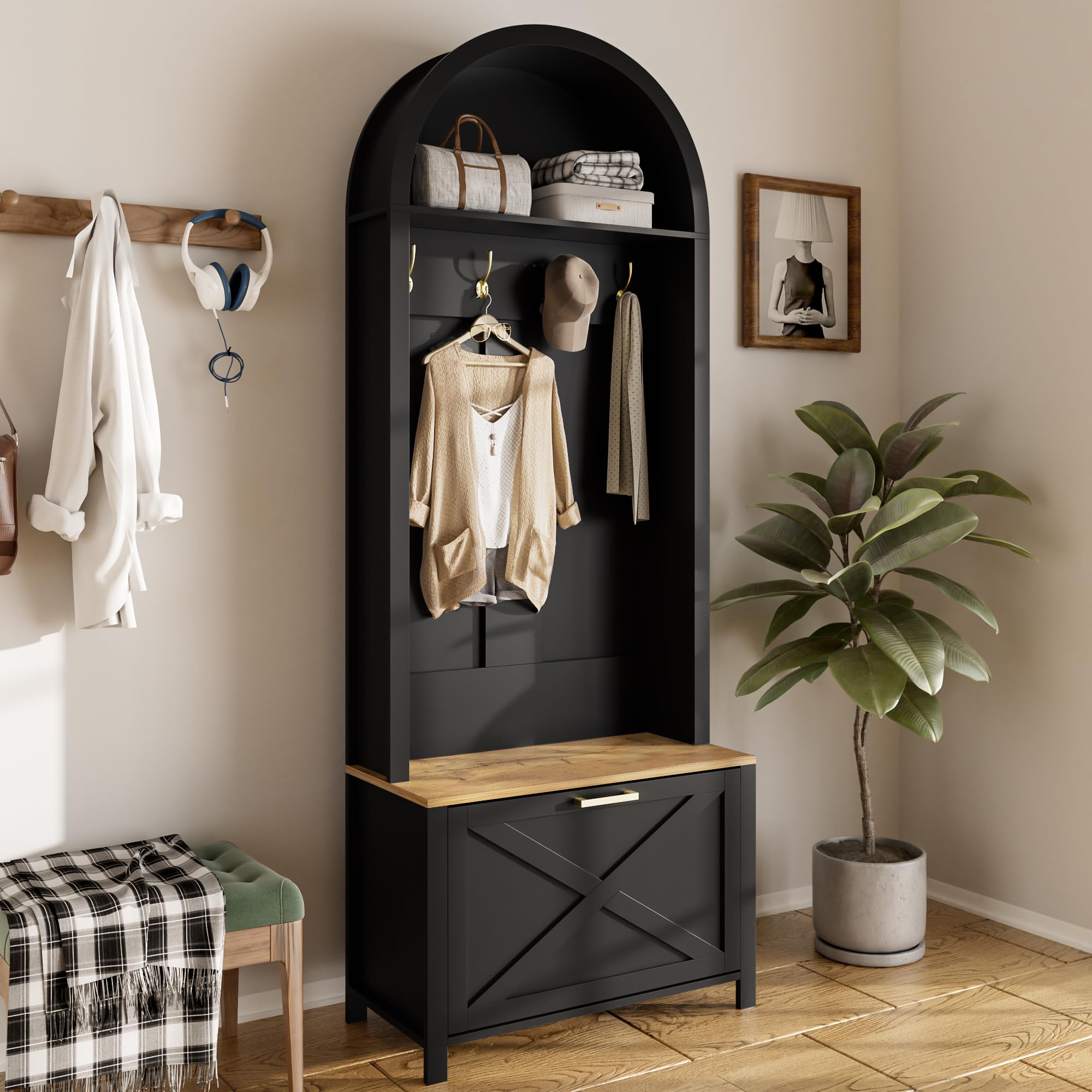 Merax Set di appendiabiti per corridoio, guardaroba compatto, multifunzionale, con scarpiera, ripiano e gancio, per ingresso, nero, 75 x 35 x 195 cm