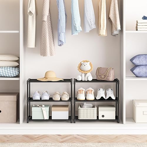 Miniatura 6 de Zapatero pequeño de 3 niveles, estante de zapatos estrecho apilable para niños y adultos, soporte ligero para zapatos, organizador de