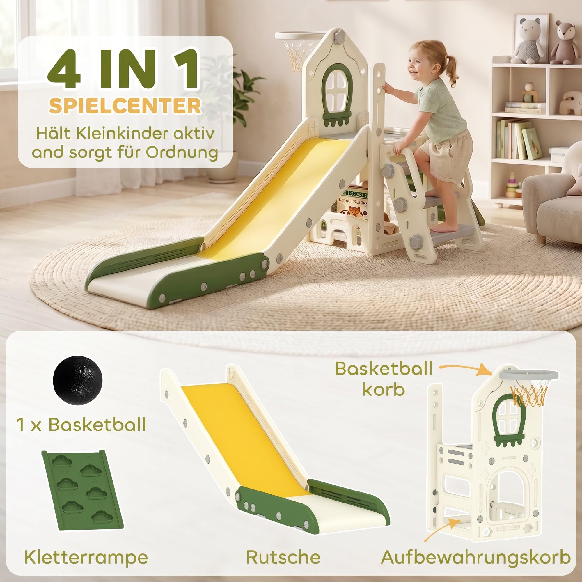 AIYAPLAY Tobogán plegable 4 en 1 para niños con elemento de escalada, canasta de baloncesto, espacio de almacenamiento y baloncesto, parque infantil para niños de 1 a 3 años, color blanco crema