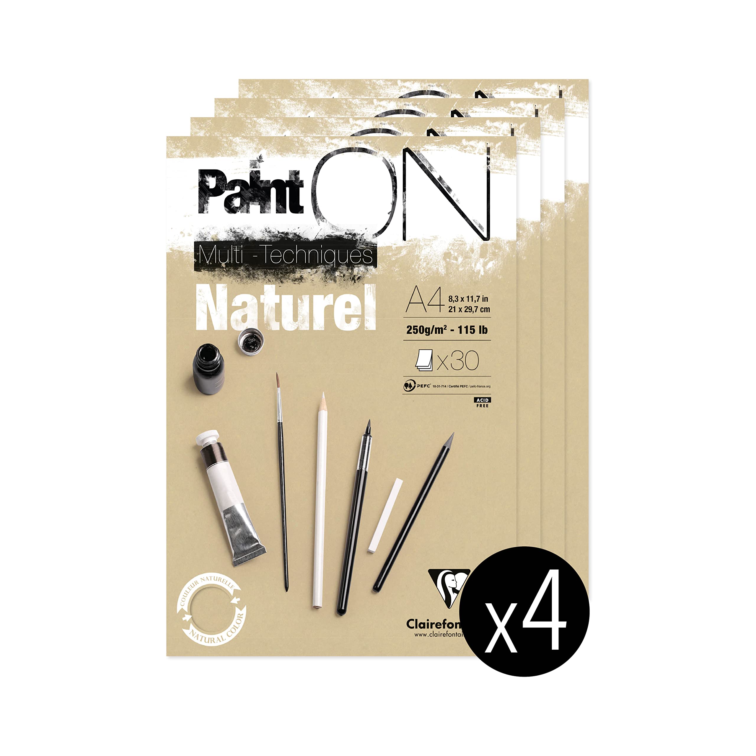Clairefontaine 96540C - PaintON Multi-Technique Glued Pad - 30 Sheets Multi-Technique Drawing Paper Slightly Rough Grain - Natural - A4 21x29.7cm 250g Pack of 4