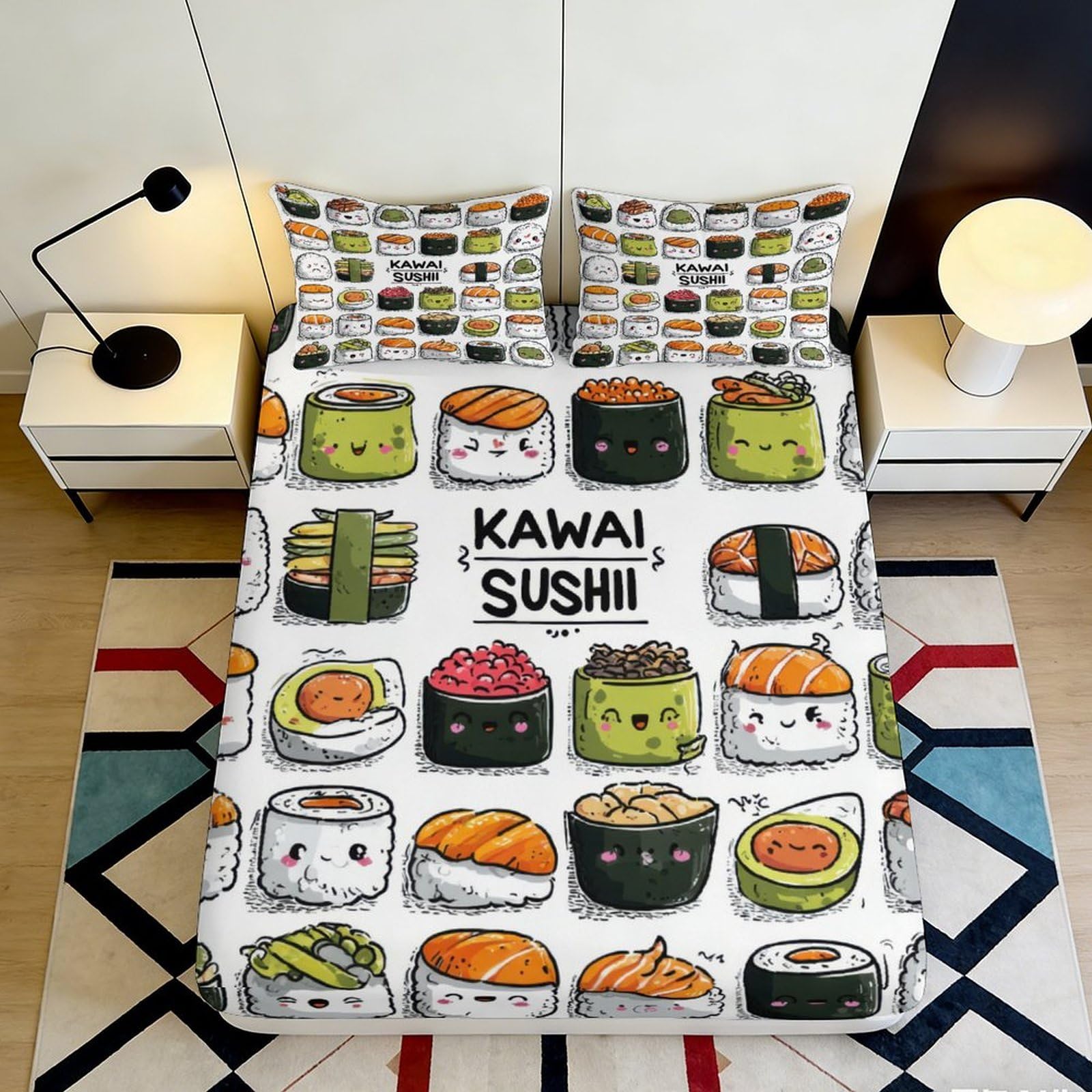 3D Printed Kawaii Sushi Fitted Sheet Microfiber Soft Cartoon Japanese Food Bed Cover Anti-Slip Washable for Bedroom Decor 90x200x25cm