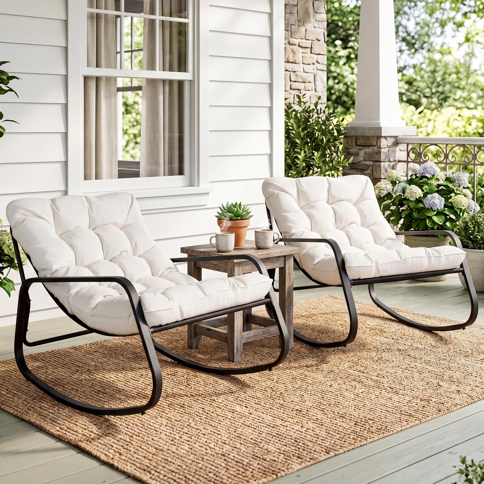 COSTWAY Fauteuil à Bascule Exterieur, Charge 205 kg, Fauteuil de Jardin Papasan en Métal, Coussin Amovible&Épais 13 cm, Base Antidérapante, Rocking Chair pour Salon Balcon, 120 x 91 x 78 cm (Beige)