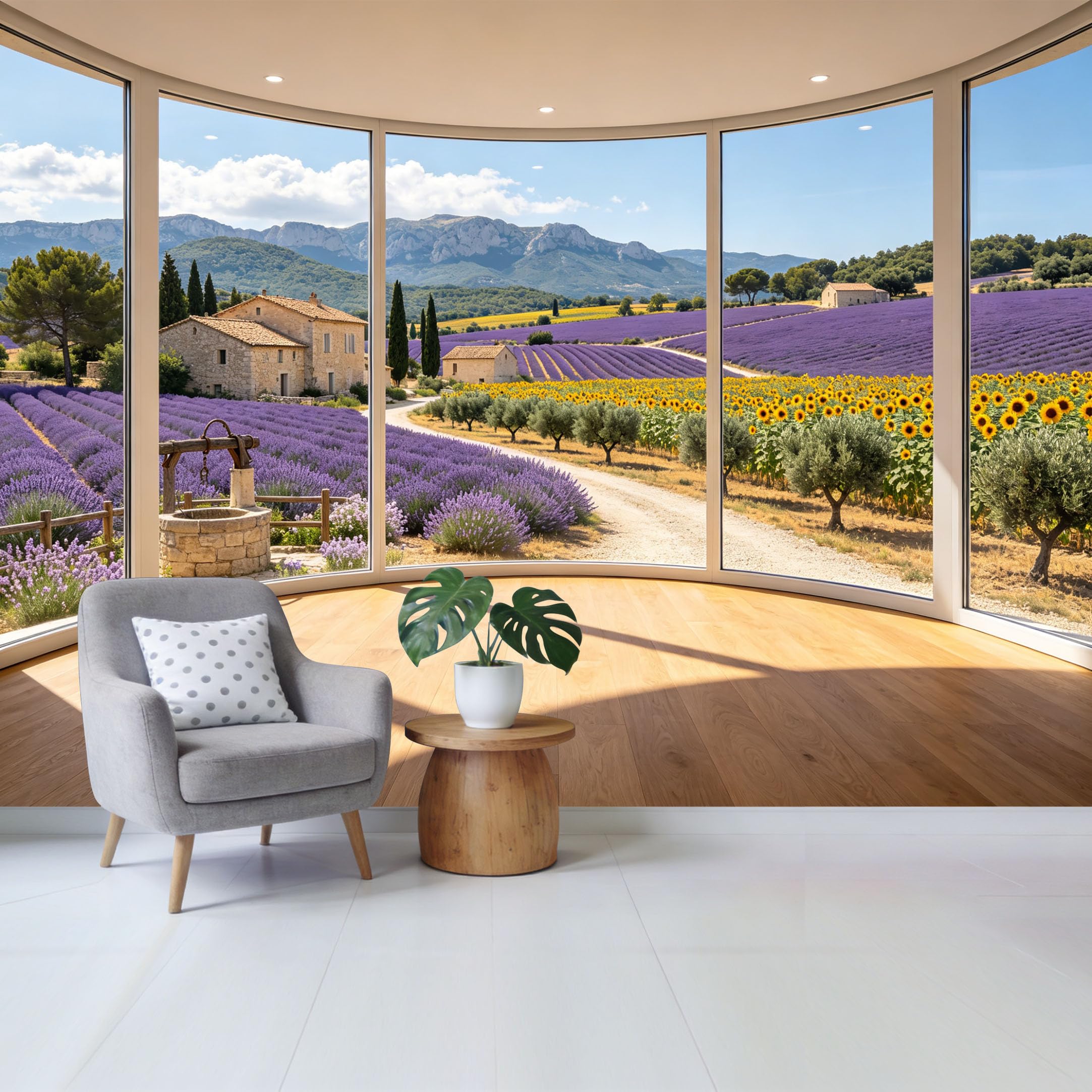 Removable Self Adhesive Fabric Mural， Provence Lavender Field Sunflower Landscape Custom Size Wall Covering， UV Protected Waterproof Washable Wall Decor for Living Room Bedroom Bathroom
