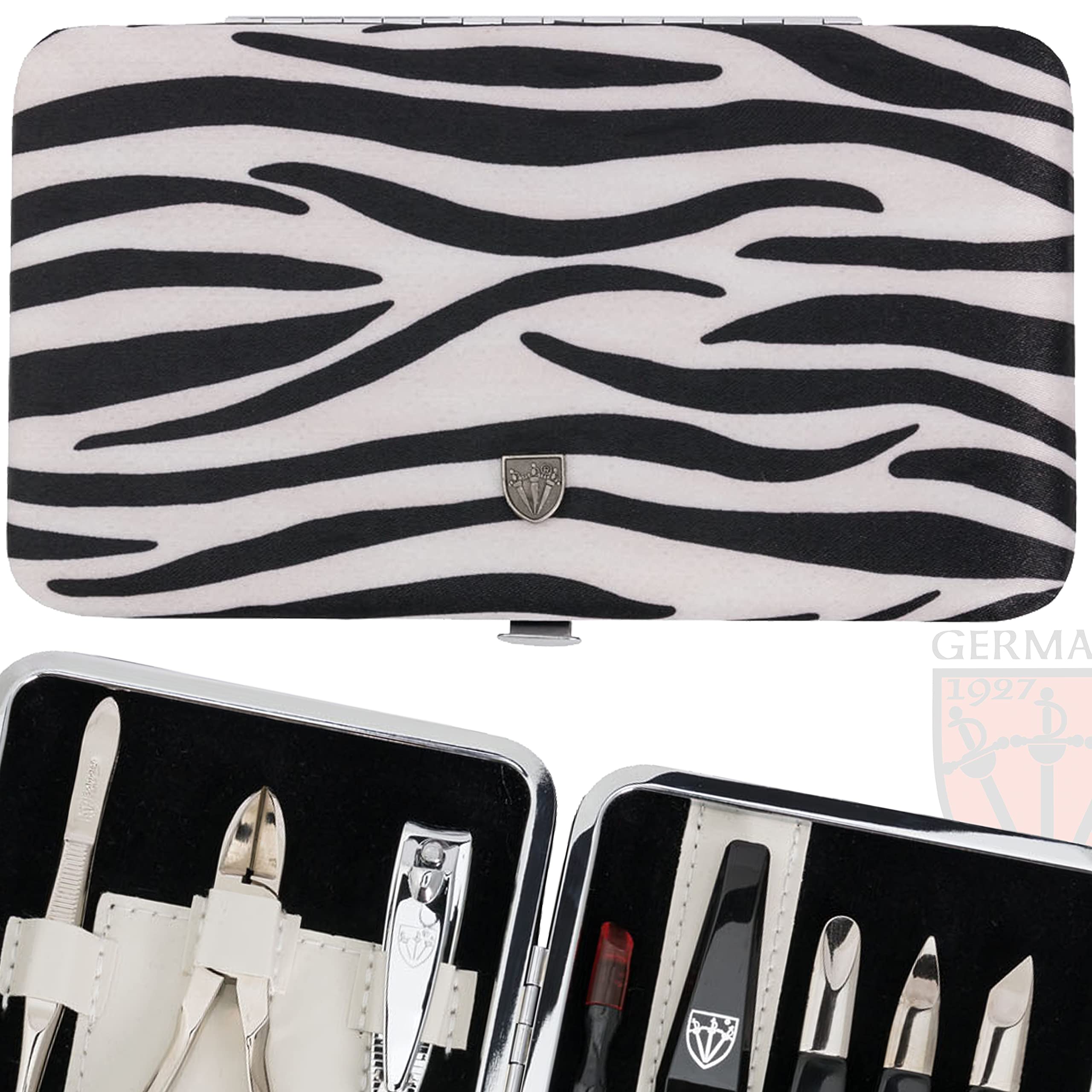 DREI SCHWERTER Germany Maniküreset Nagel Set 'Treviso' - 11-tlg. aus Textil im Zebralook, edles Rahmentui, Inhalt: Nagelzange, Hautschere, Pinzette, Saphirnagelfeile und vieles mehr!