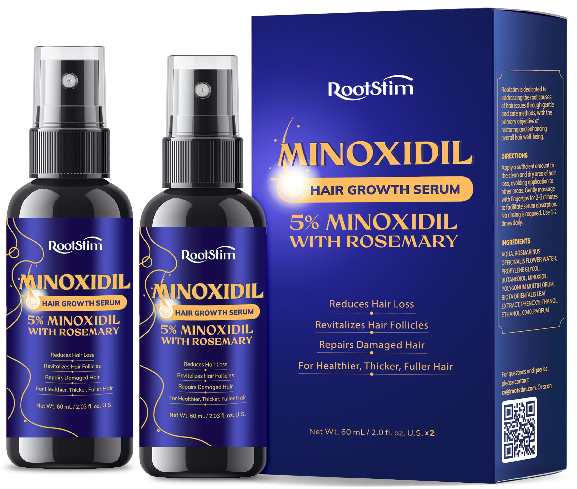 RootStim 5% Minoxidil Hair Growth for Men and Women: 2-Pack Extra Strength Minoxidil Hair Loss Treatment Serum with Rosemary for Faster Stronger