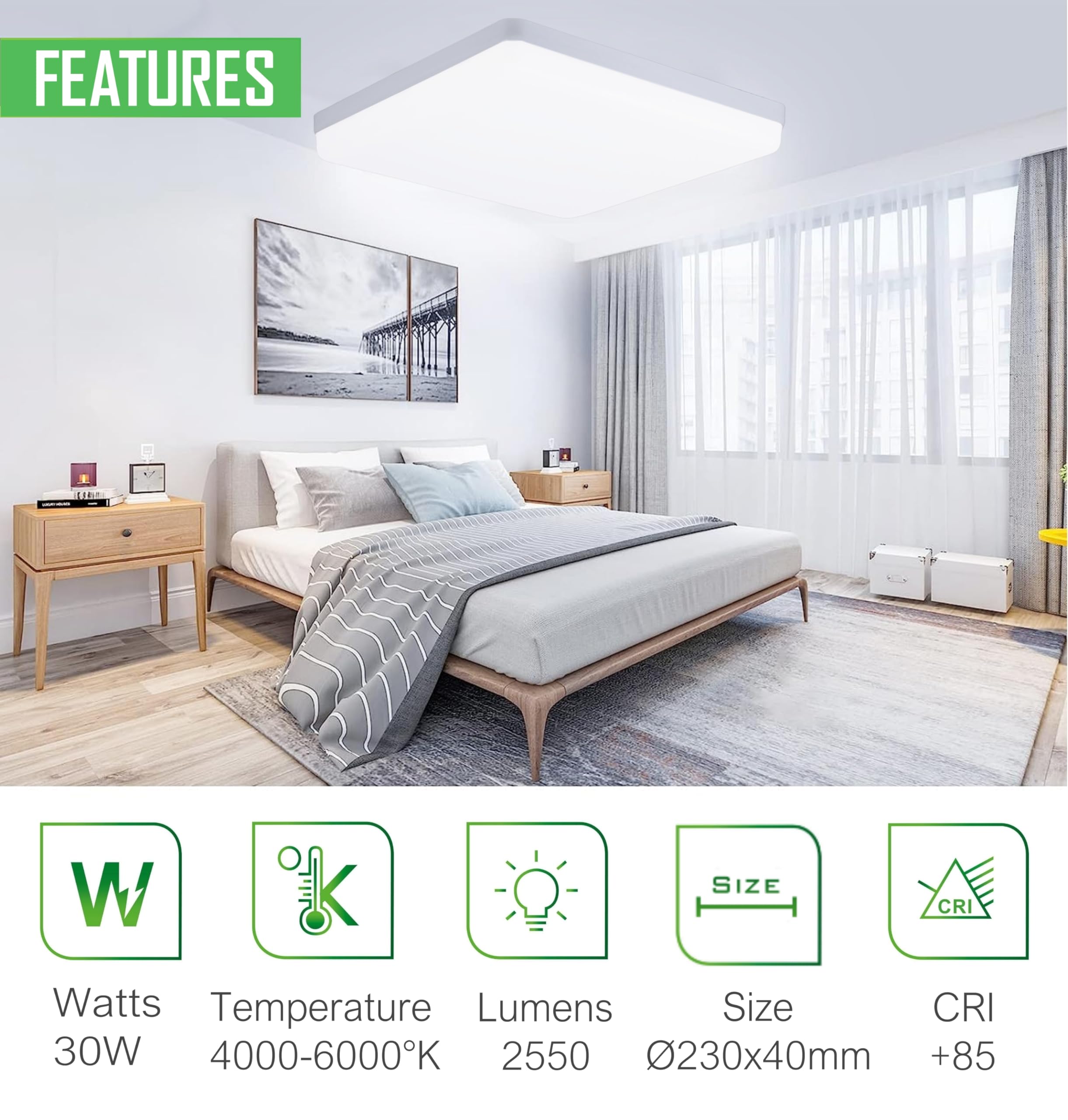 Lampa sufitowa LED, lampa sufitowa łazienkowa, lampa sufitowa do salonu, lampa sufitowa LED, sypialnia, lampa sufitowa LED, sufit, kwadratowa biel, 6000 Kº 30 W (opakowanie 5)