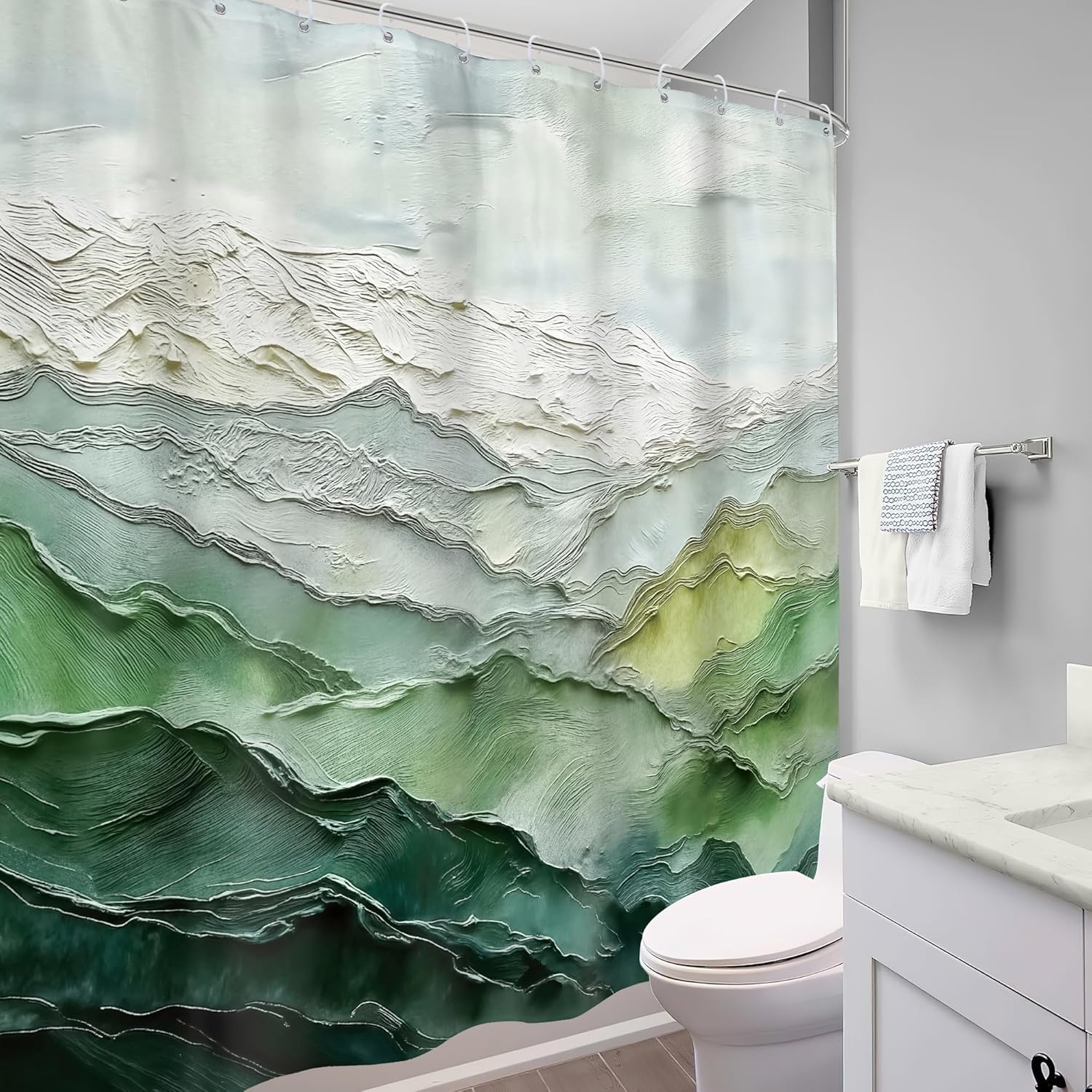 Extra Long Green Mountain Shower Curtain 72Wx84H Abstract Ombre Oil Painting Minimalism Nature Landscape Simple Modern Girly Bathroom Decor Aesthetic Bath Curtain Fabric Polyester 12 Pack Hooks
