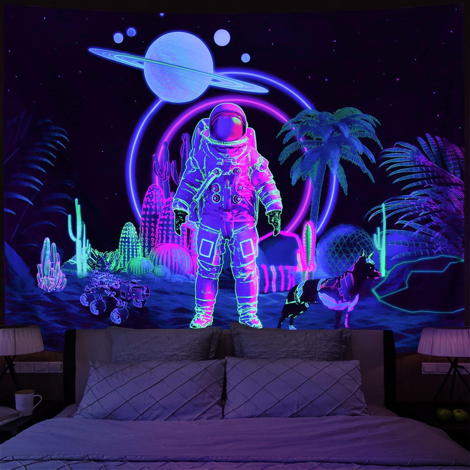 Amonercvita Blacklight Astronaut Tapestries UV Reactive Planet Tapestry Trippy Cactus Tapestries Galaxy Stars Tapestry Space Tapestrys Neon Palm Tree Wall Hanging for Room