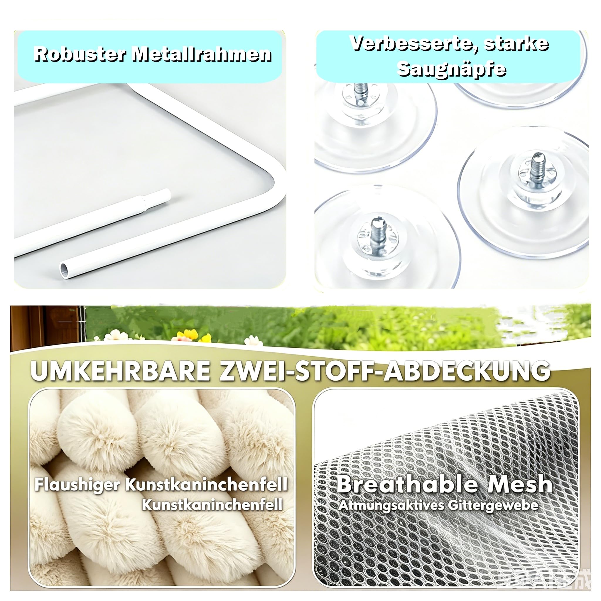 Katzen Fensterliege Faltbar mit 4 Saugnäpfen, weiche Kuschelliege & atmungsaktive Netzseite, extra groß 55 x 40 cm, Robustes Stahlgestell, sichere Saugnapfbefestigung für Katzen bis 20 kg (Grau)