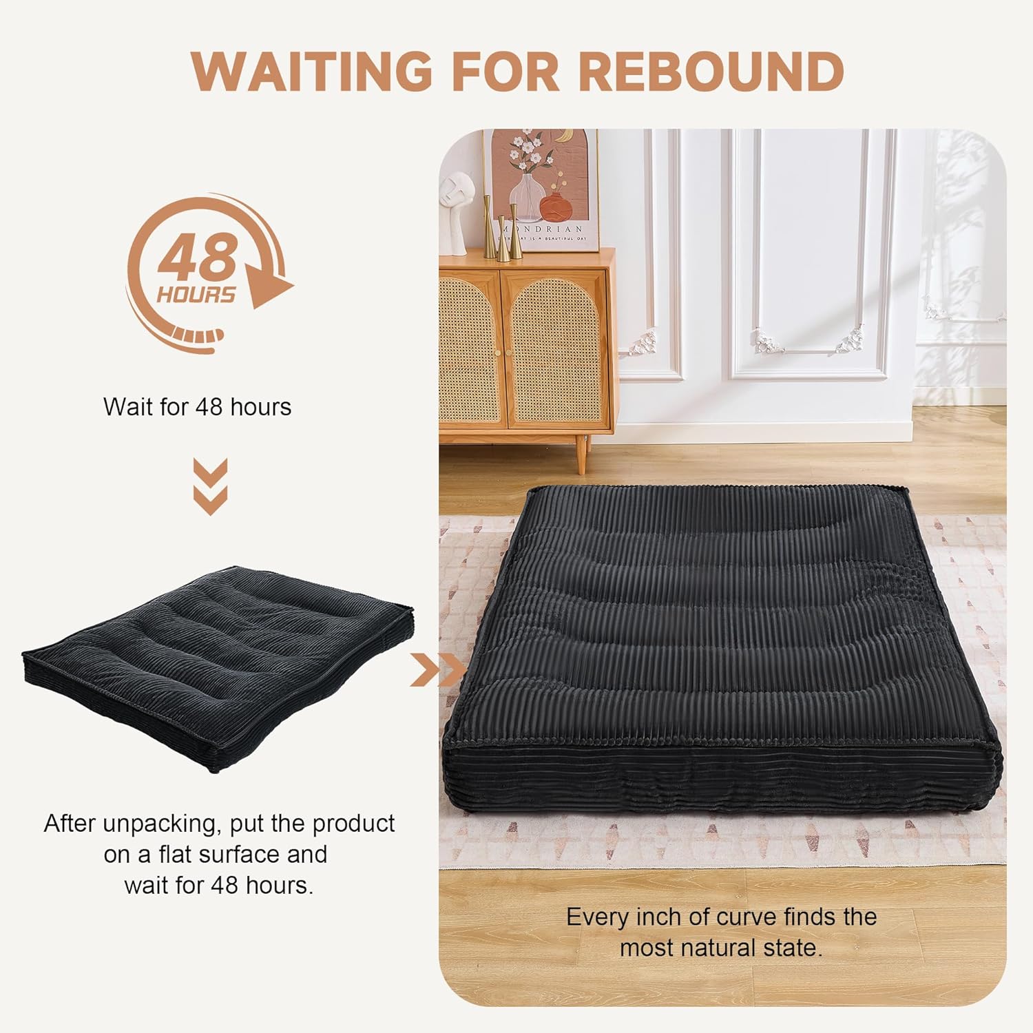 Futon Mattress Full Size 8",Foldable Futon Sofa Couch Bed,Floor Mattress Thick High Density Shredded Foam(Frame Not Included),Medium Firm Japanese Style Sleeping Pad for Guest Bedroom Living,Black
