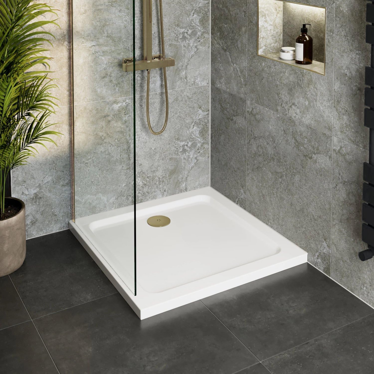 Hydrolux® 1000 x 1000 x 45mm White Bathroom Low Profile Shower Tray for Enclosures Cubicles & Wet Room with Brushed Brass Waste, Square — image 1