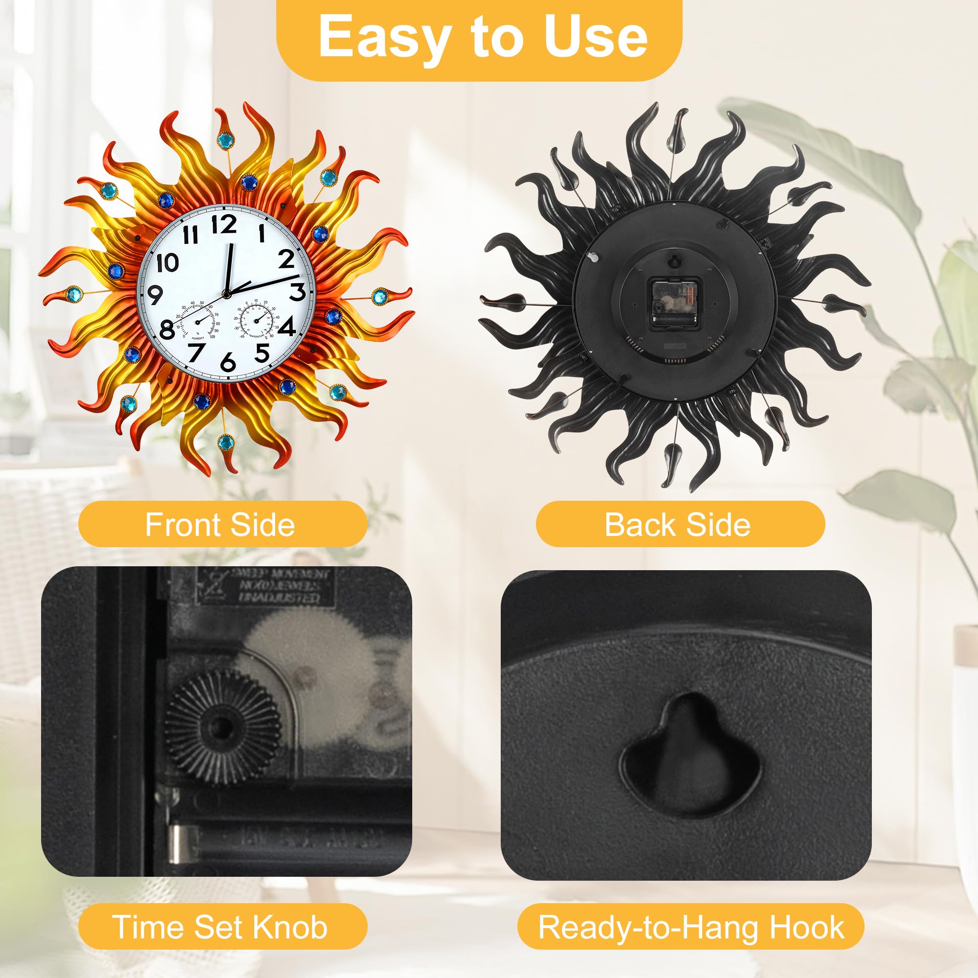shumi Grande horloge murale d'extérieur avec thermomètre et hygromètre, horloge murale décorative silencieuse sans tic-tac pour terrasse, piscine et salle de bain