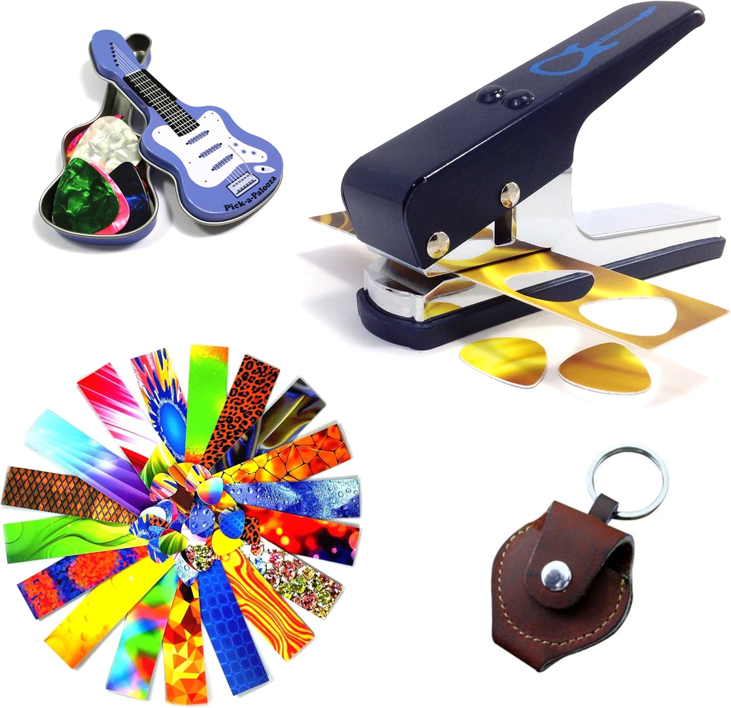 Pick-a-Palooza Guitar Pick Punch Gift Pack Bundle with Guitar Pick Strips Leather Guitar Pick Holder and Custom Guitar Pick Tin - Blue