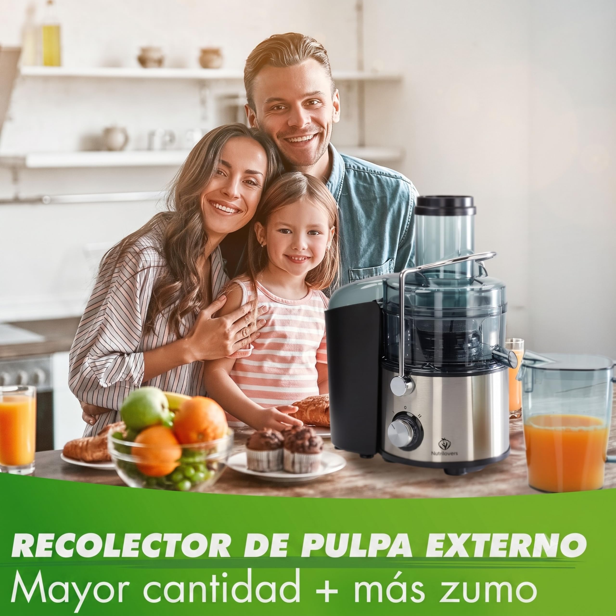 Nutrilovers Extractor de Zumo QUICK-JUICER MAX, Centrífugo 800 W, Boca XXL, Tamiz de Acero Inoxidable, Depósito de Pulpa Externo, Sin BPA, Botella