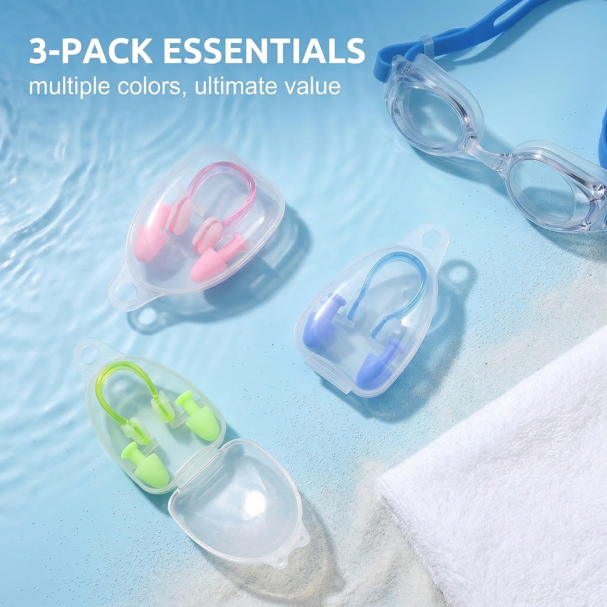 Pack de 3 Juegos de Tapones para Oídos y Pinzas para la Nariz de Natación, Silicona, Impermeable, Adultos y Niños