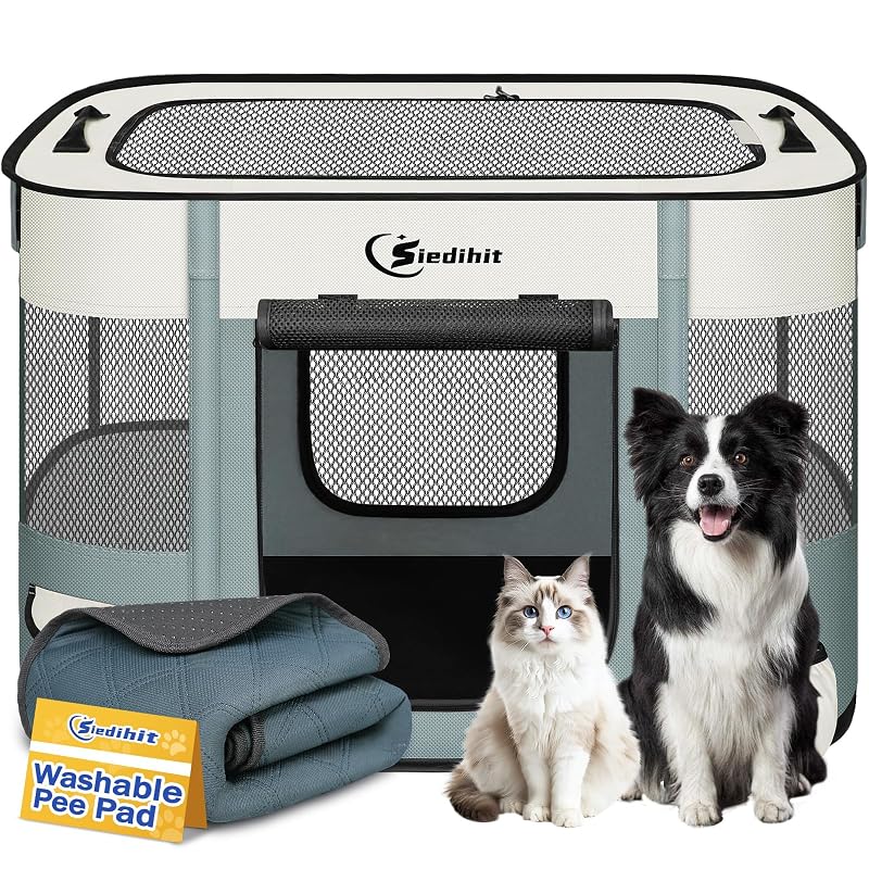 Cercado portátil para cães Siedihit em poliéster com almofada, Cinza, 78,7 x 58,4 x 50,8 cm