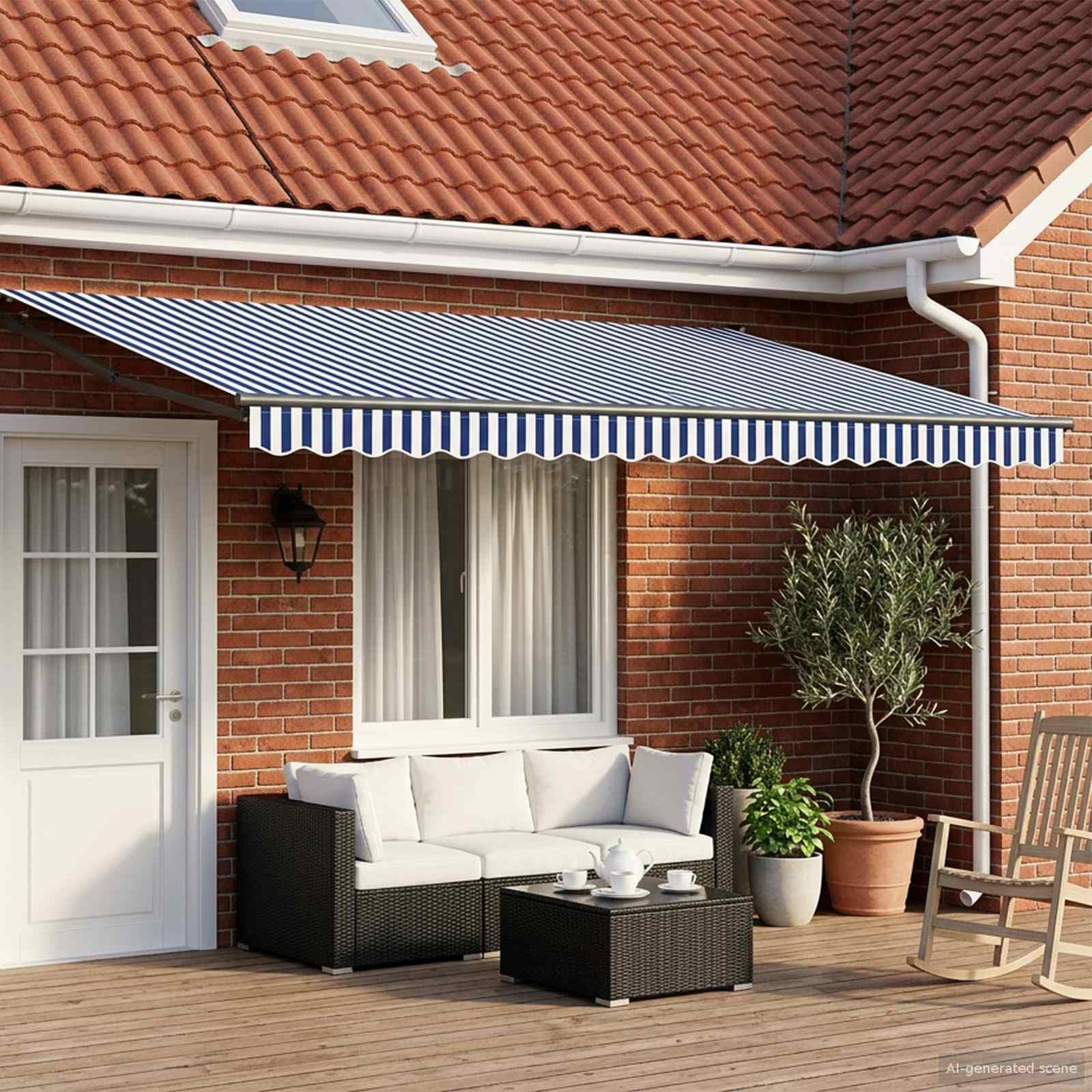 mtlskopl Elektrische ausziehbare Markise 4 x 3 m in Blau Weiß Anthrazit mit Solarpanel und Fernbedienung Modernes Aluminium Gestell Robustes Material für Balkon Terrasse Garten und Outdoor Events Garden
